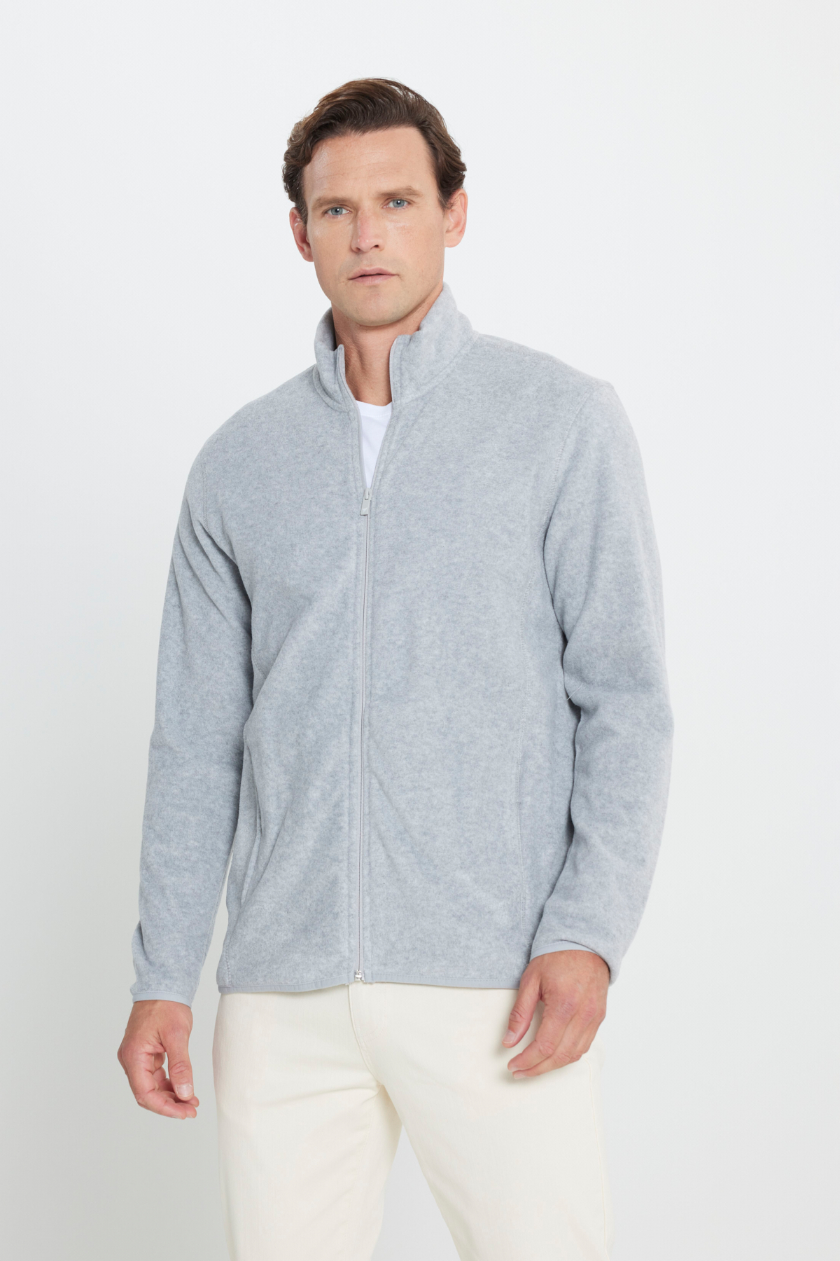 AC&Co / Altınyıldız Classics Erkek Gri Melanj Anti-Pilling Tüylenme Yapmayan Standart Fit Bato Yaka Sweatshirt Polar Ceket