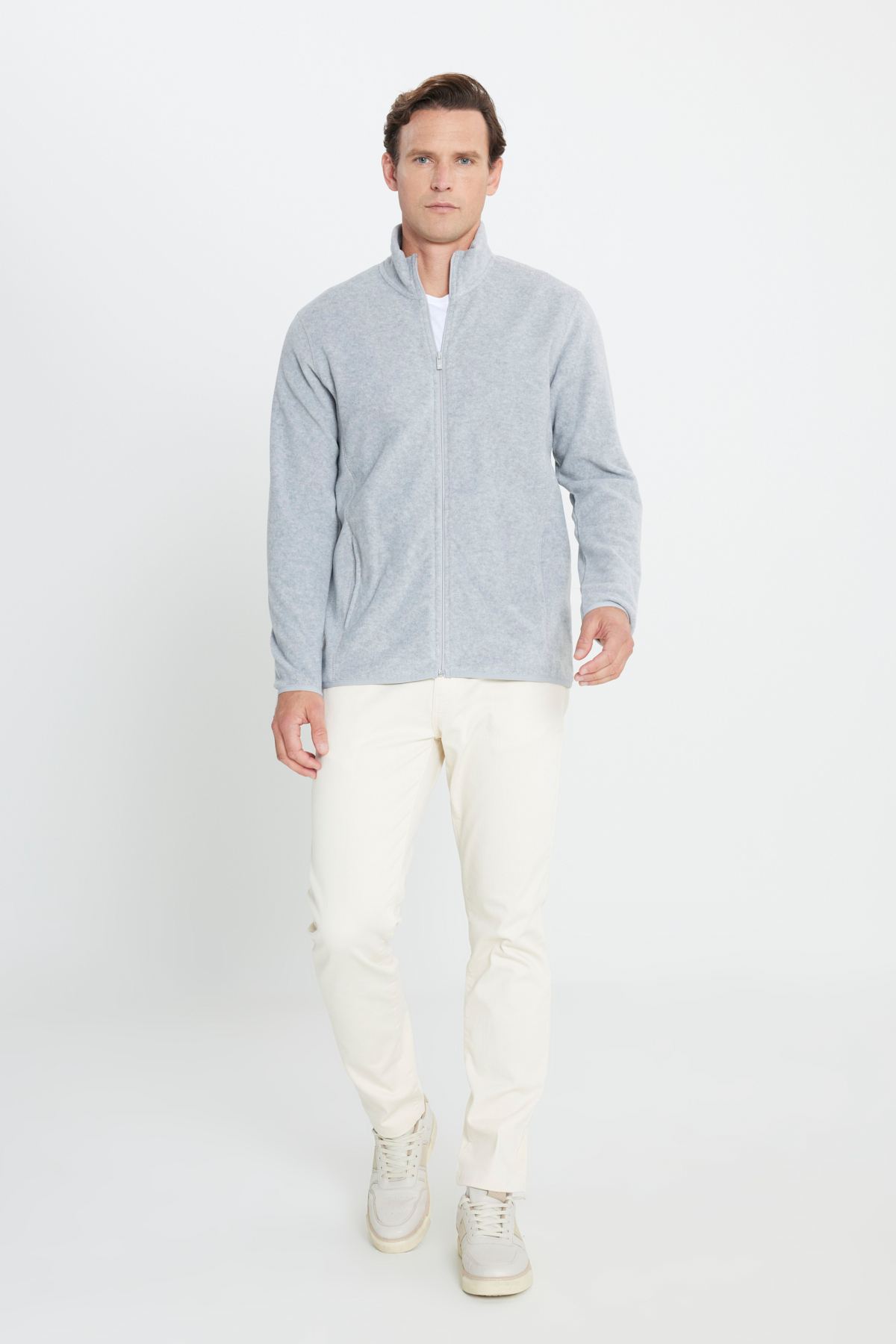 AC&Co / Altınyıldız Classics Erkek Gri Melanj Anti-Pilling Tüylenme Yapmayan Standart Fit Bato Yaka Sweatshirt Polar Ceket görsel 2