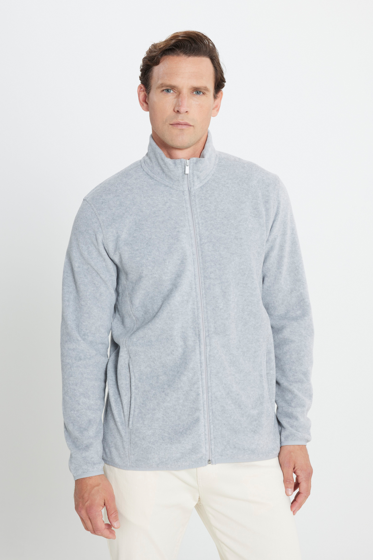 AC&Co / Altınyıldız Classics Erkek Gri Melanj Anti-Pilling Tüylenme Yapmayan Standart Fit Bato Yaka Sweatshirt Polar Ceket görsel 3