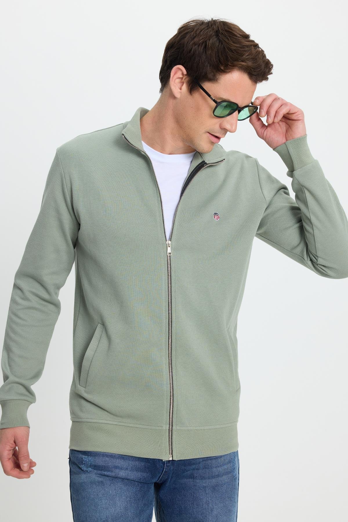 TUDORS Erkek Slim Fit Dar Kesim Pamuklu Tam Fermuarlı Çift Cepli Dik Yaka Yeşil Sweatshirt Hırka