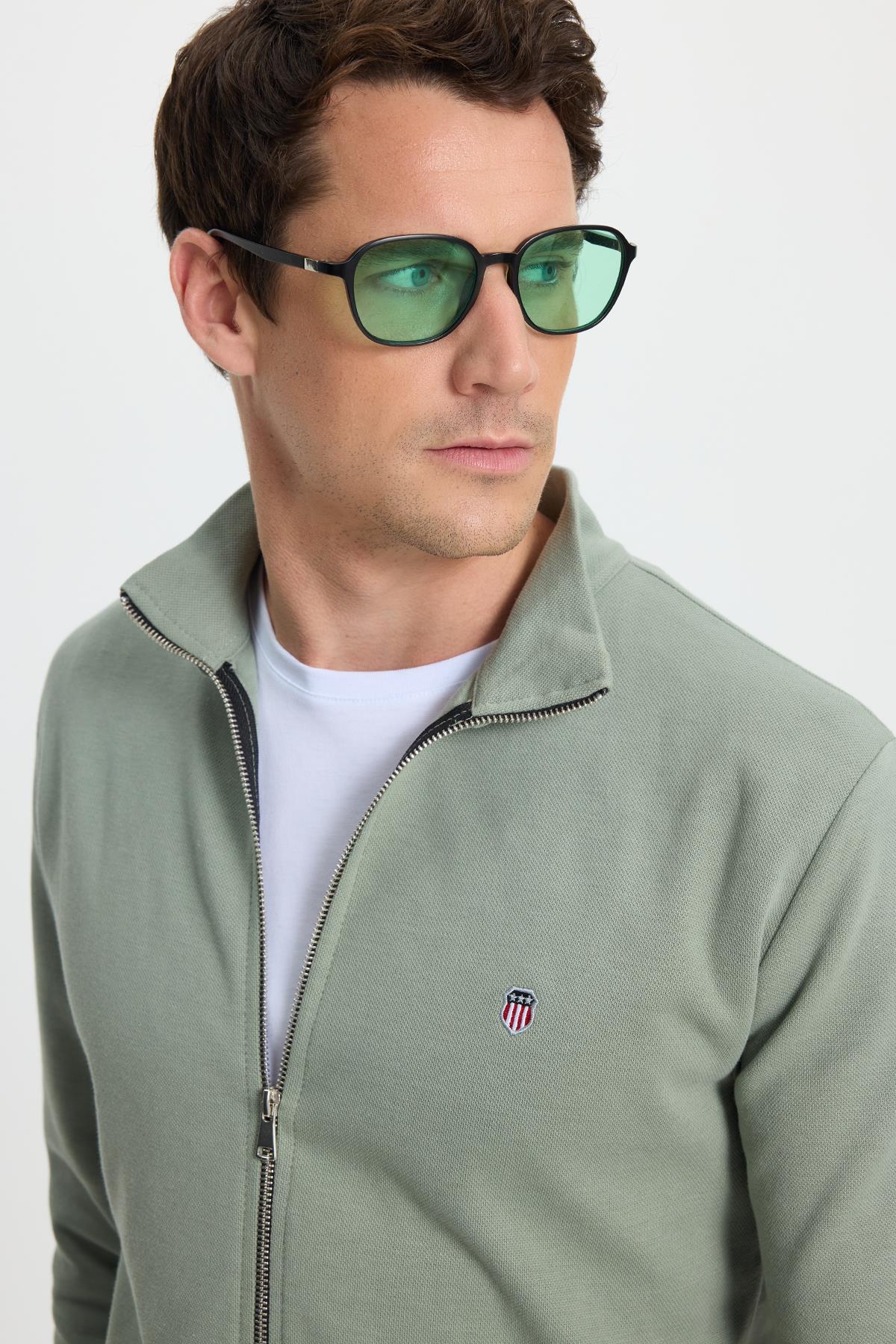 TUDORS Erkek Slim Fit Dar Kesim Pamuklu Tam Fermuarlı Çift Cepli Dik Yaka Yeşil Sweatshirt Hırka görsel 2