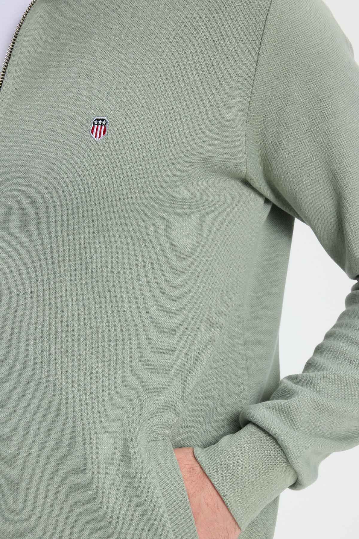 TUDORS Erkek Slim Fit Dar Kesim Pamuklu Tam Fermuarlı Çift Cepli Dik Yaka Yeşil Sweatshirt Hırka görsel 3
