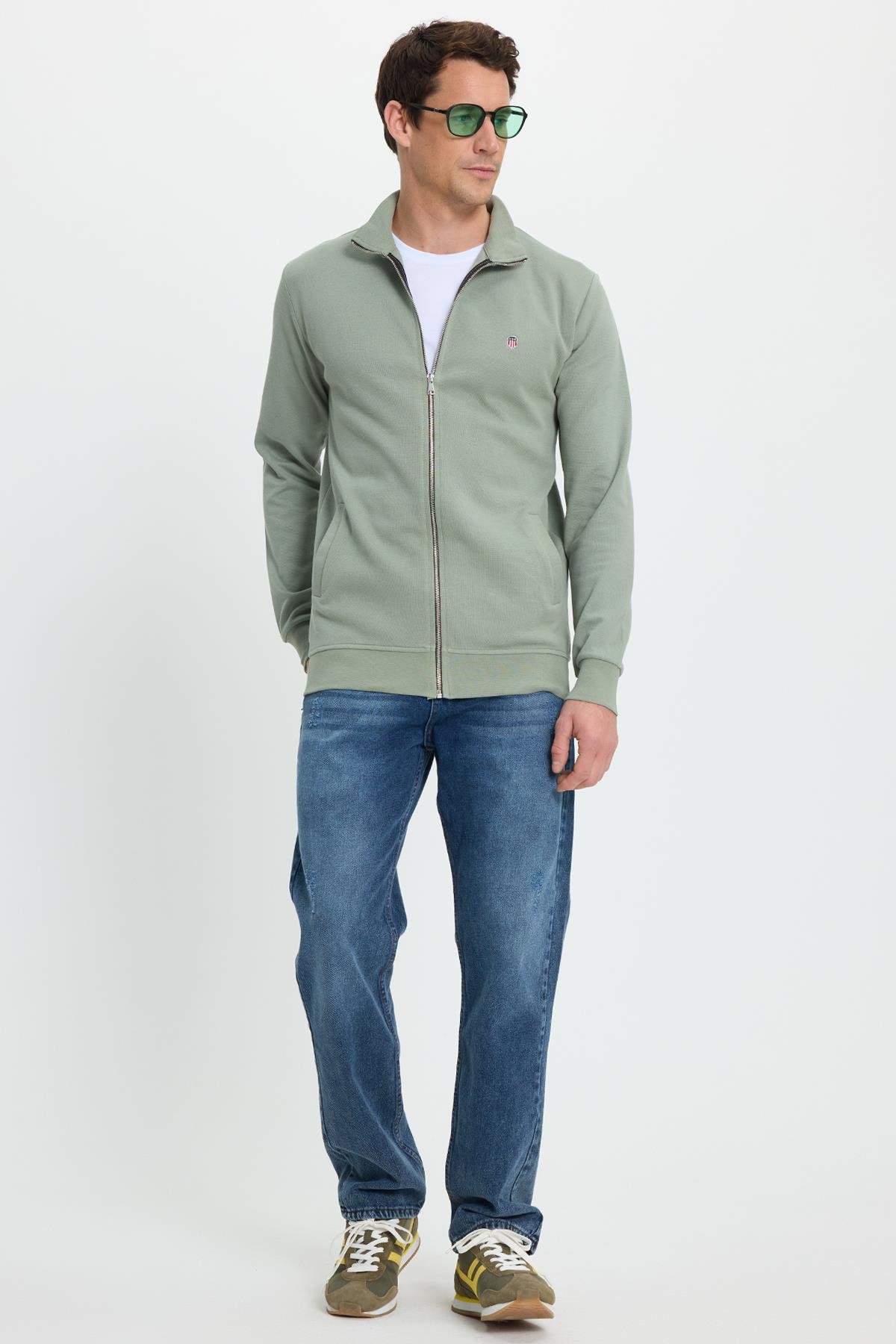 TUDORS Erkek Slim Fit Dar Kesim Pamuklu Tam Fermuarlı Çift Cepli Dik Yaka Yeşil Sweatshirt Hırka görsel 4