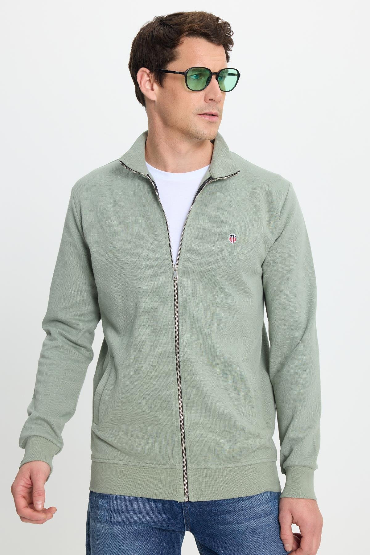 TUDORS Erkek Slim Fit Dar Kesim Pamuklu Tam Fermuarlı Çift Cepli Dik Yaka Yeşil Sweatshirt Hırka görsel 5