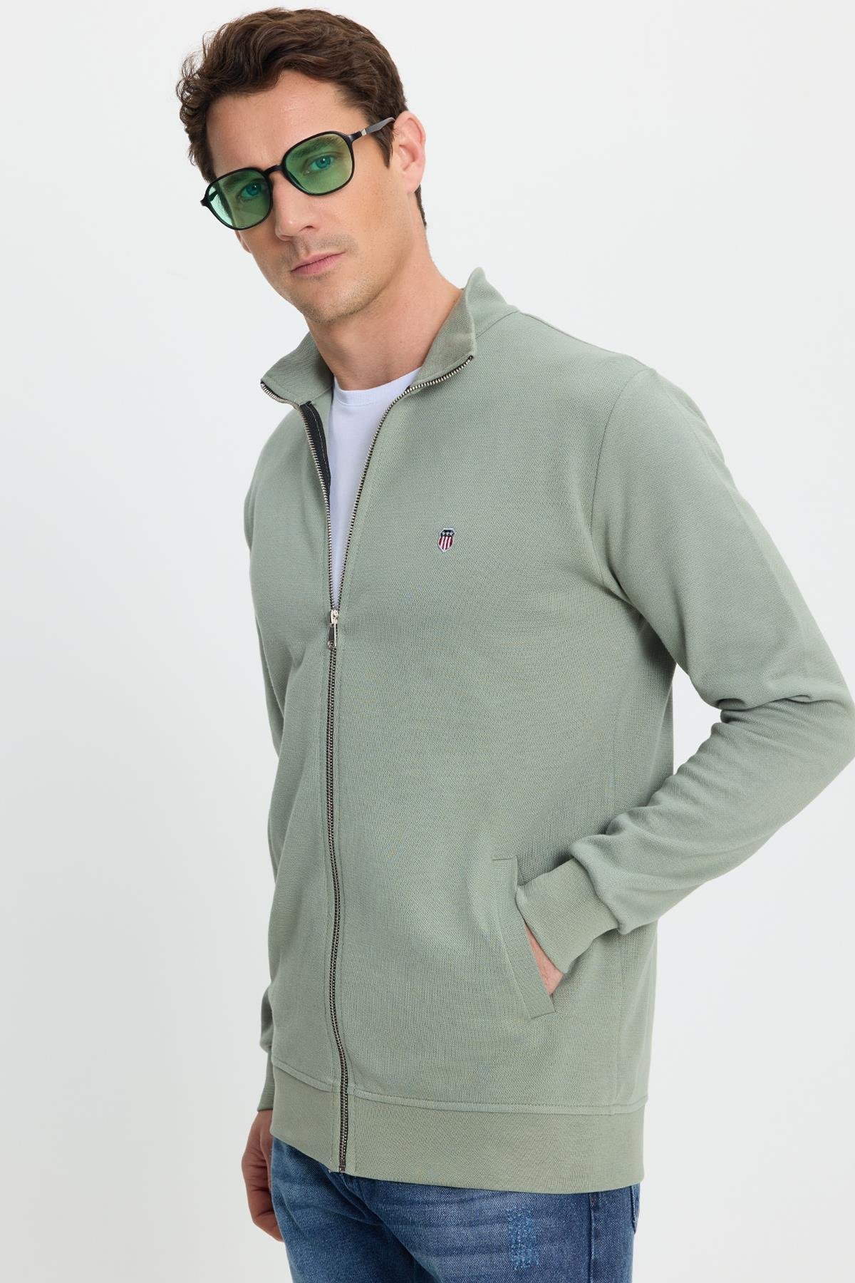 TUDORS Erkek Slim Fit Dar Kesim Pamuklu Tam Fermuarlı Çift Cepli Dik Yaka Yeşil Sweatshirt Hırka görsel 6