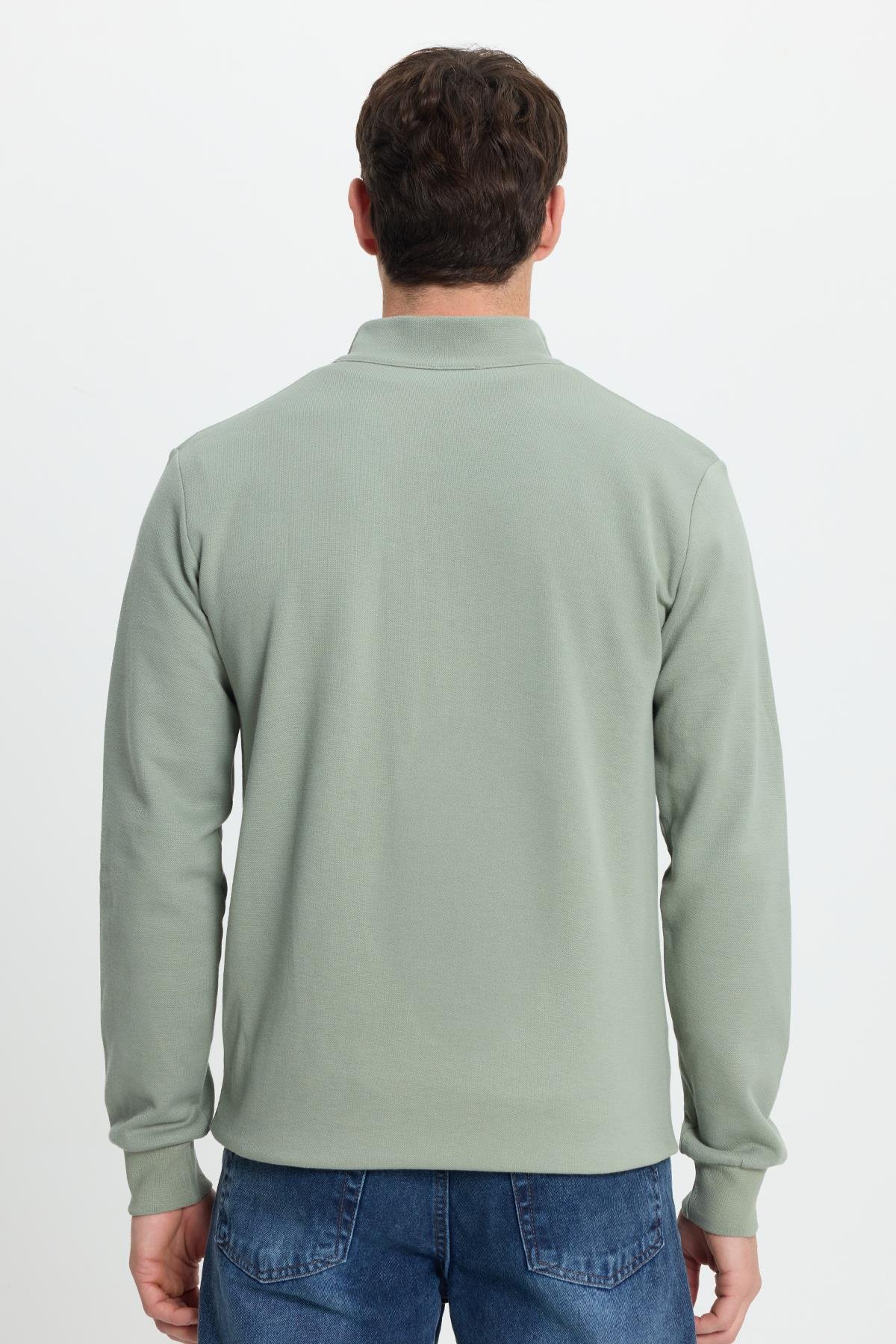 TUDORS Erkek Slim Fit Dar Kesim Pamuklu Tam Fermuarlı Çift Cepli Dik Yaka Yeşil Sweatshirt Hırka görsel 8