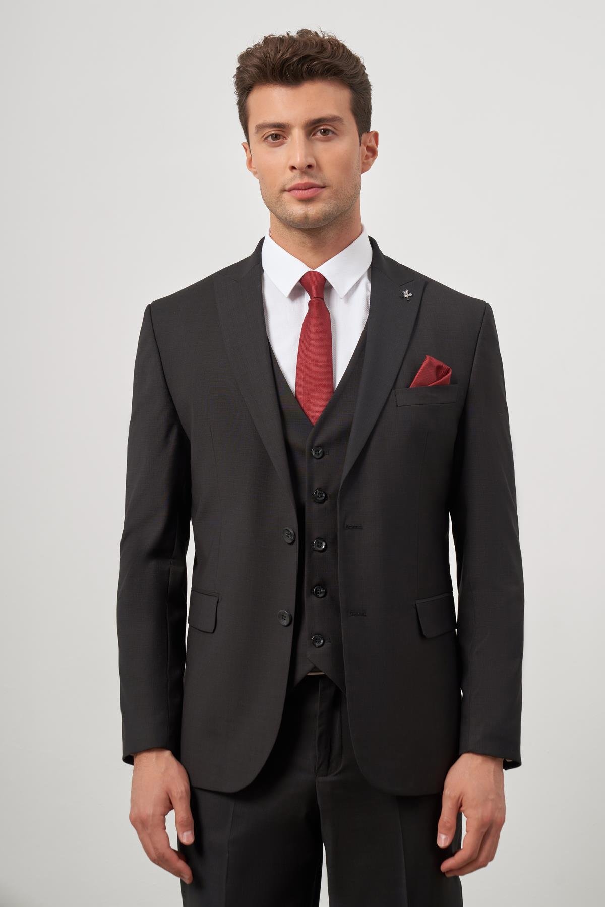 İMZA Siyah Düz Kılıç Yaka Çift Yırtmaç 2 Düğme Yelekli 6 Drop Slim Fit Classic Takım Elbise 1001245151