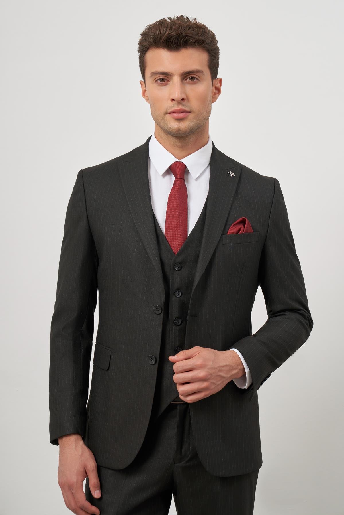 İMZA Siyah Kılıç Yaka Yelekli 6 Drop Slim Fit Classic Takım Elbise 1001245154