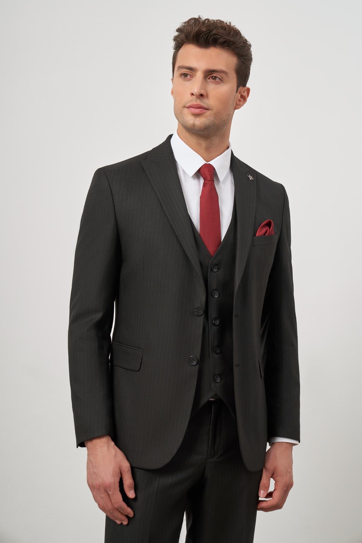İMZA Siyah Kılıç Yaka Yelekli 6 Drop Slim Fit Classic Takım Elbise 1001245154 görsel 3