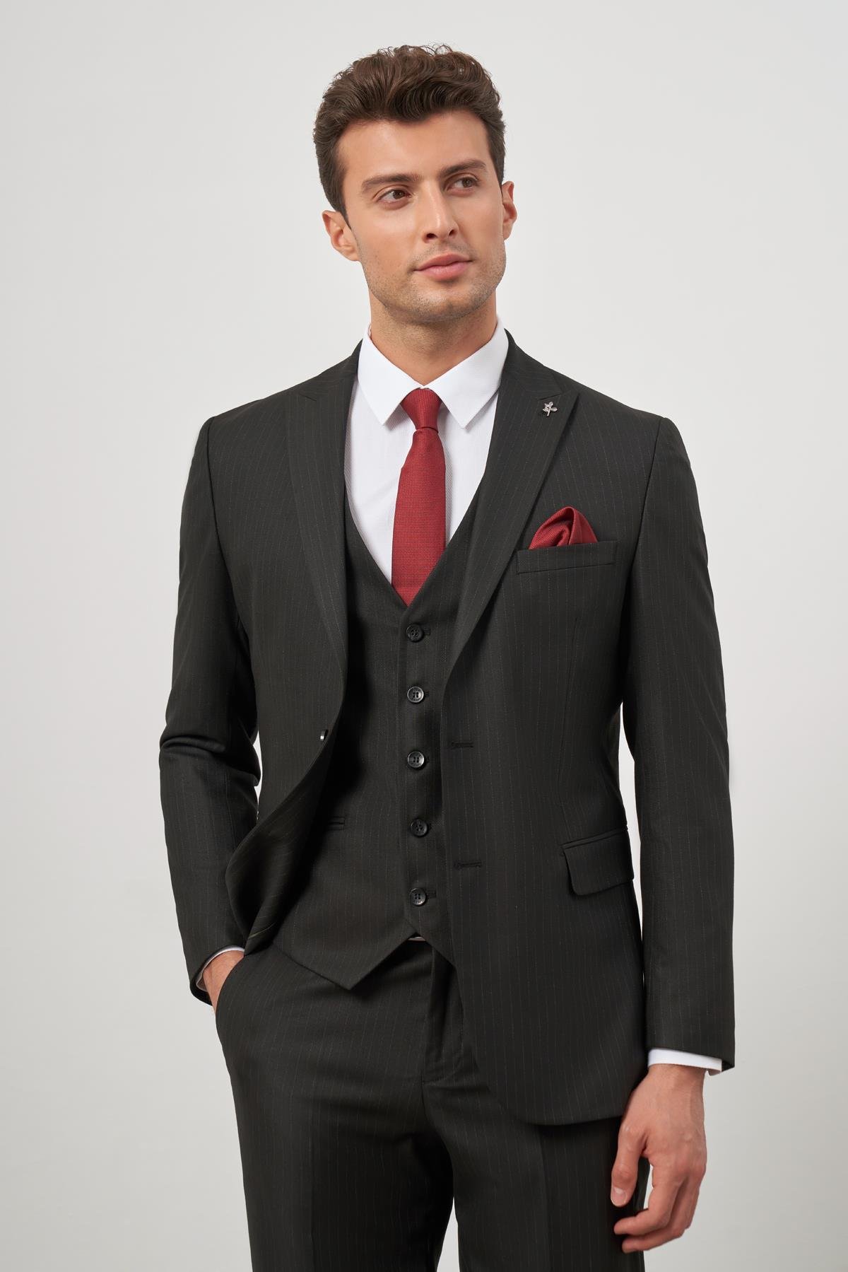 İMZA Siyah Kılıç Yaka Yelekli 6 Drop Slim Fit Classic Takım Elbise 1001245154 görsel 4