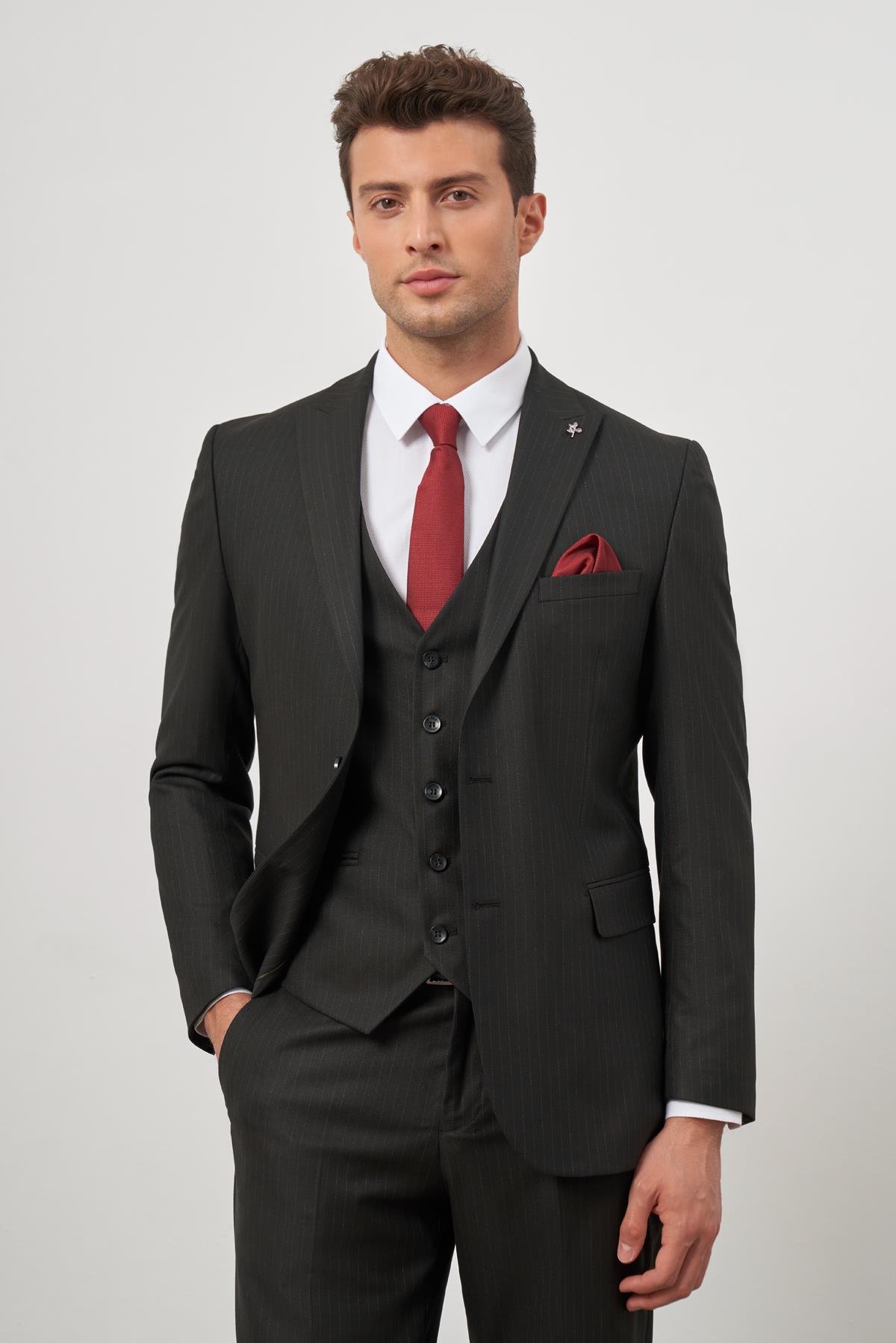 İMZA Siyah Kılıç Yaka Yelekli 6 Drop Slim Fit Classic Takım Elbise 1001245154 görsel 5