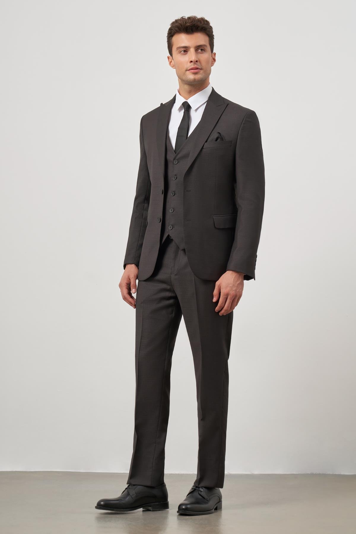 İMZA Siyah Kılıç Yaka Yelekli 6 Drop Slim Fit Classic Takım Elbise 1001245156 görsel 2