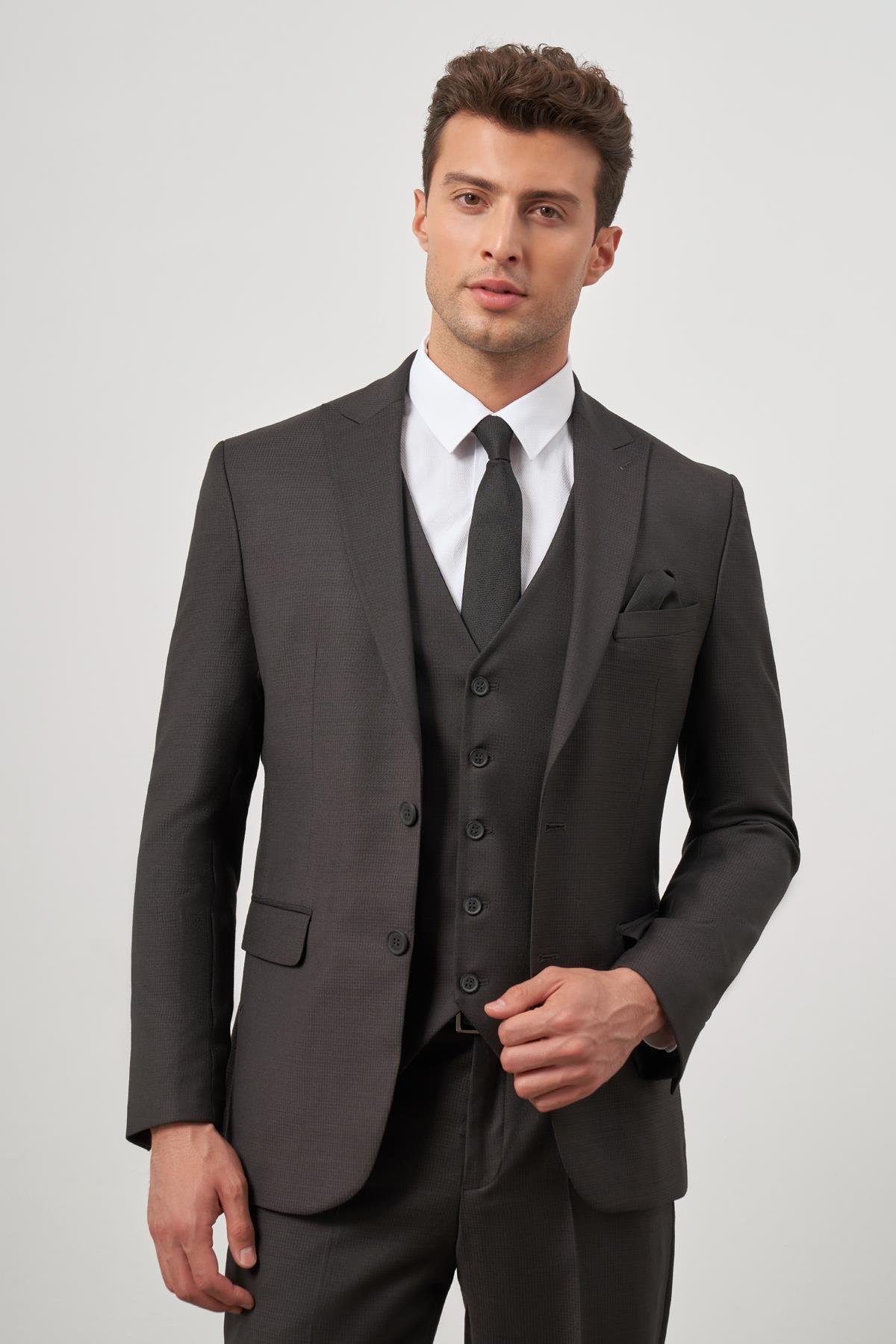 İMZA Siyah Kılıç Yaka Yelekli 6 Drop Slim Fit Classic Takım Elbise 1001245156 görsel 3