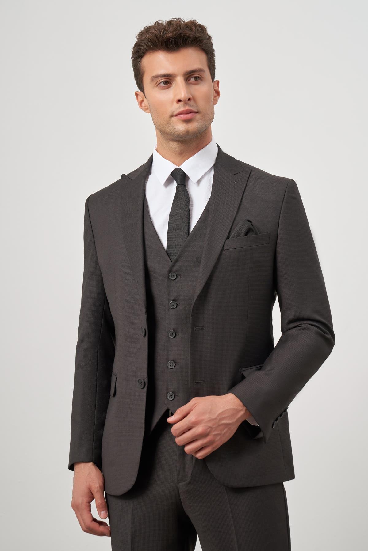İMZA Siyah Kılıç Yaka Yelekli 6 Drop Slim Fit Classic Takım Elbise 1001245156 görsel 4