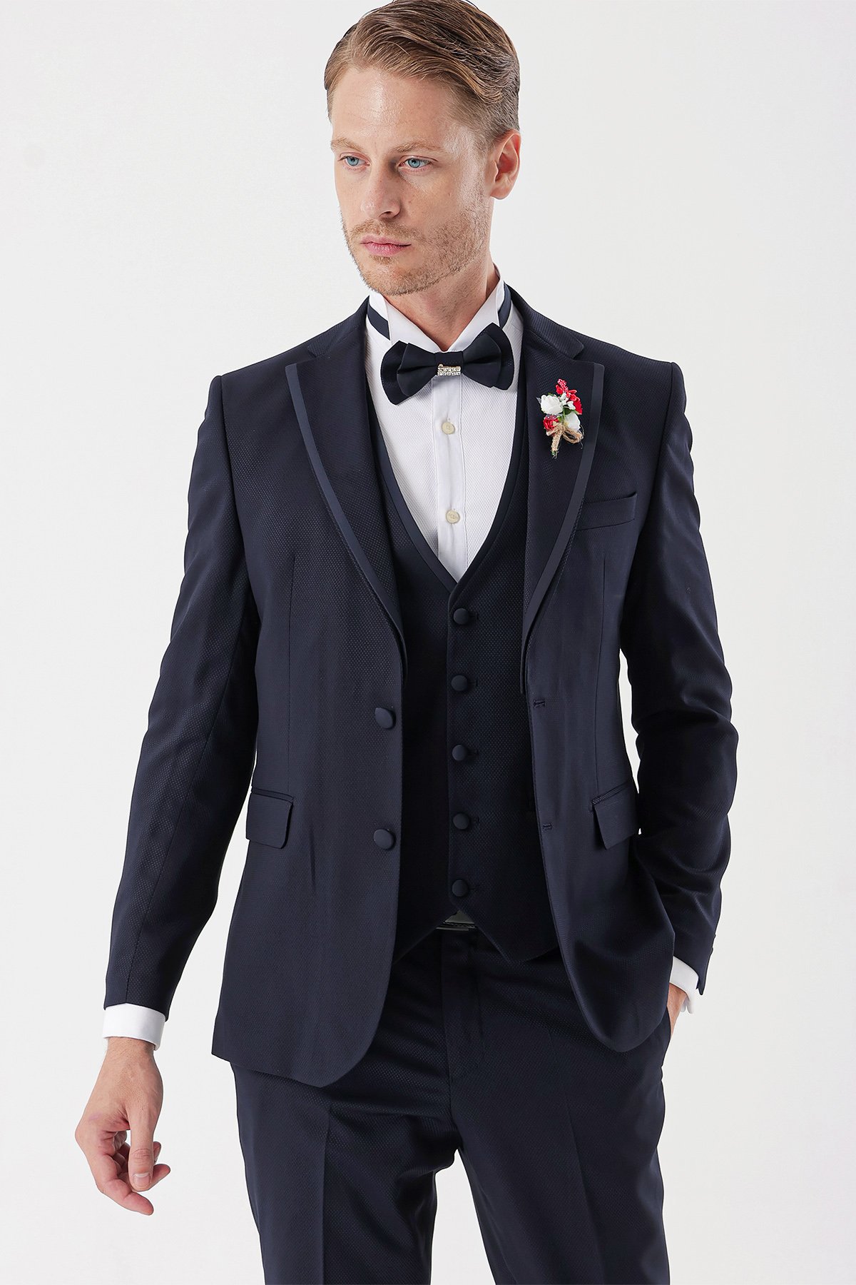 İMZA Koyu Lacivert Çıkarılabilir Mono Yaka Yelekli 6 Drop Slim Fit Smokin Damatlık Takım 1001230202