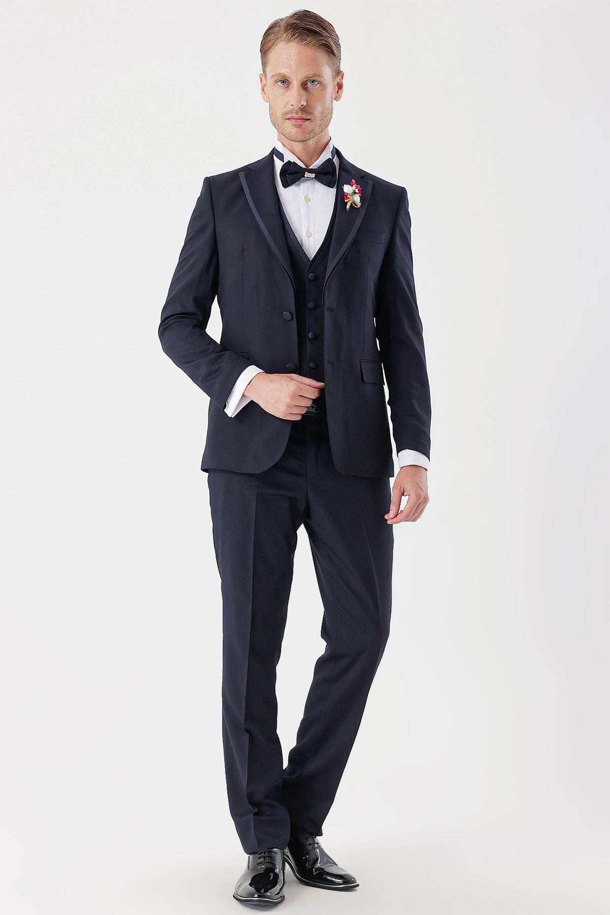 İMZA Koyu Lacivert Çıkarılabilir Mono Yaka Yelekli 6 Drop Slim Fit Smokin Damatlık Takım 1001230202 görsel 2