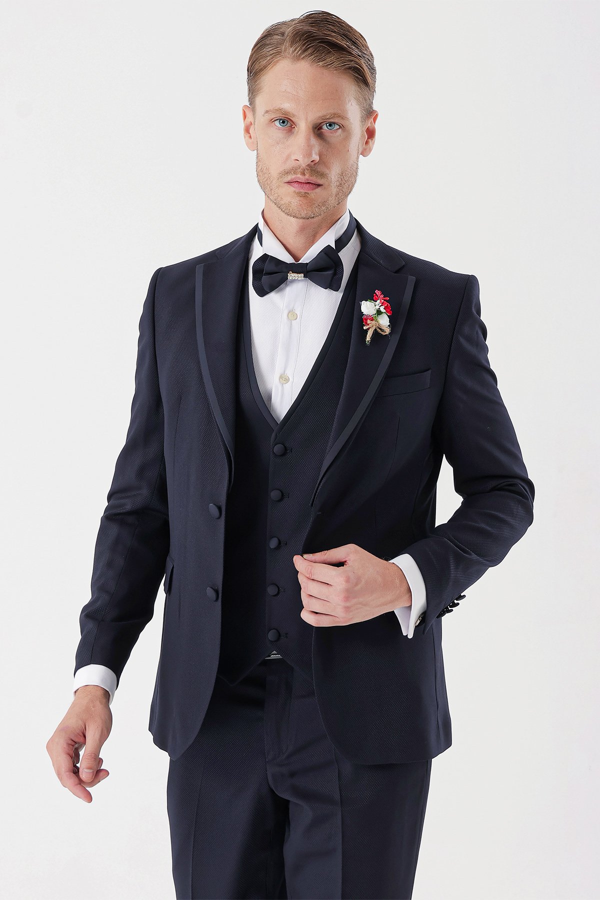 İMZA Koyu Lacivert Çıkarılabilir Mono Yaka Yelekli 6 Drop Slim Fit Smokin Damatlık Takım 1001230202 görsel 3