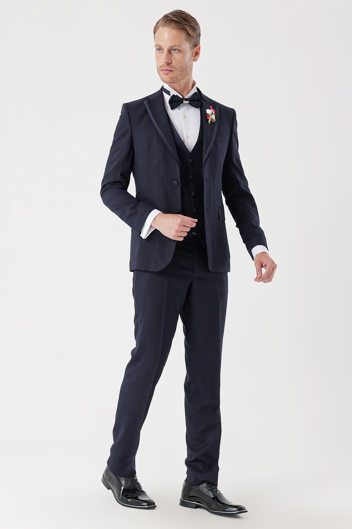 İMZA Koyu Lacivert Çıkarılabilir Mono Yaka Yelekli 6 Drop Slim Fit Smokin Damatlık Takım 1001230202 görsel 4