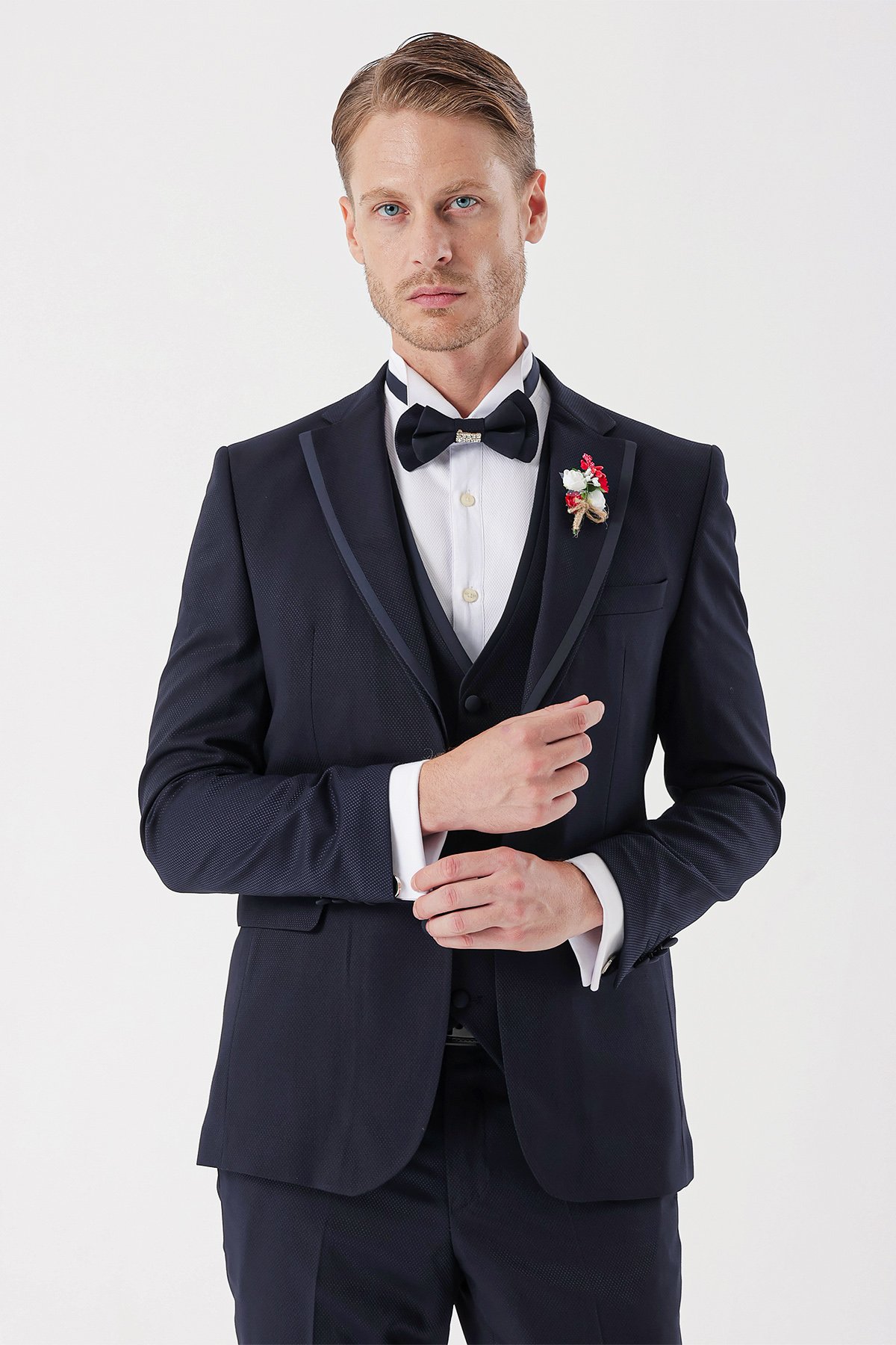 İMZA Koyu Lacivert Çıkarılabilir Mono Yaka Yelekli 6 Drop Slim Fit Smokin Damatlık Takım 1001230202 görsel 5