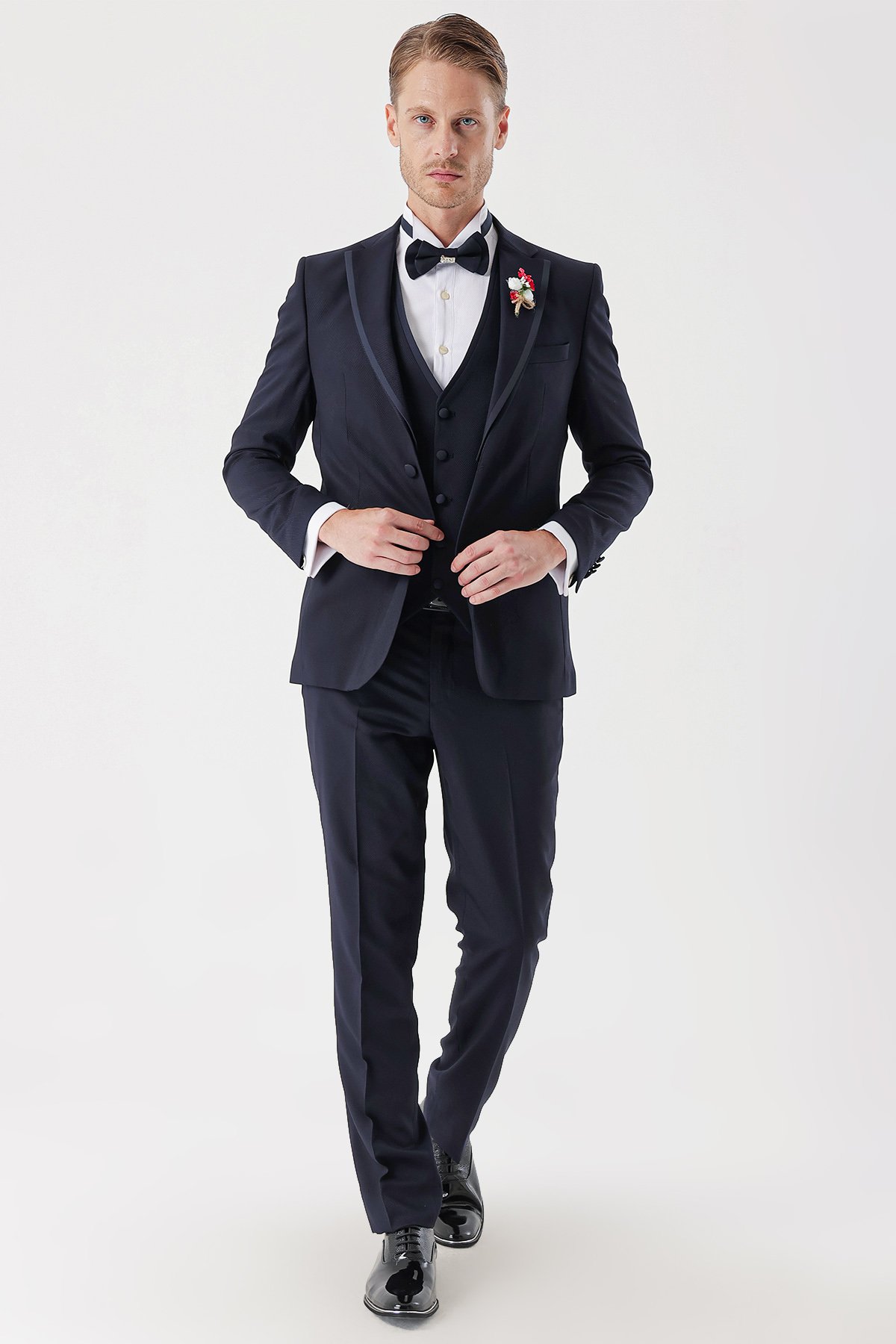 İMZA Koyu Lacivert Çıkarılabilir Mono Yaka Yelekli 6 Drop Slim Fit Smokin Damatlık Takım 1001230202 görsel 6