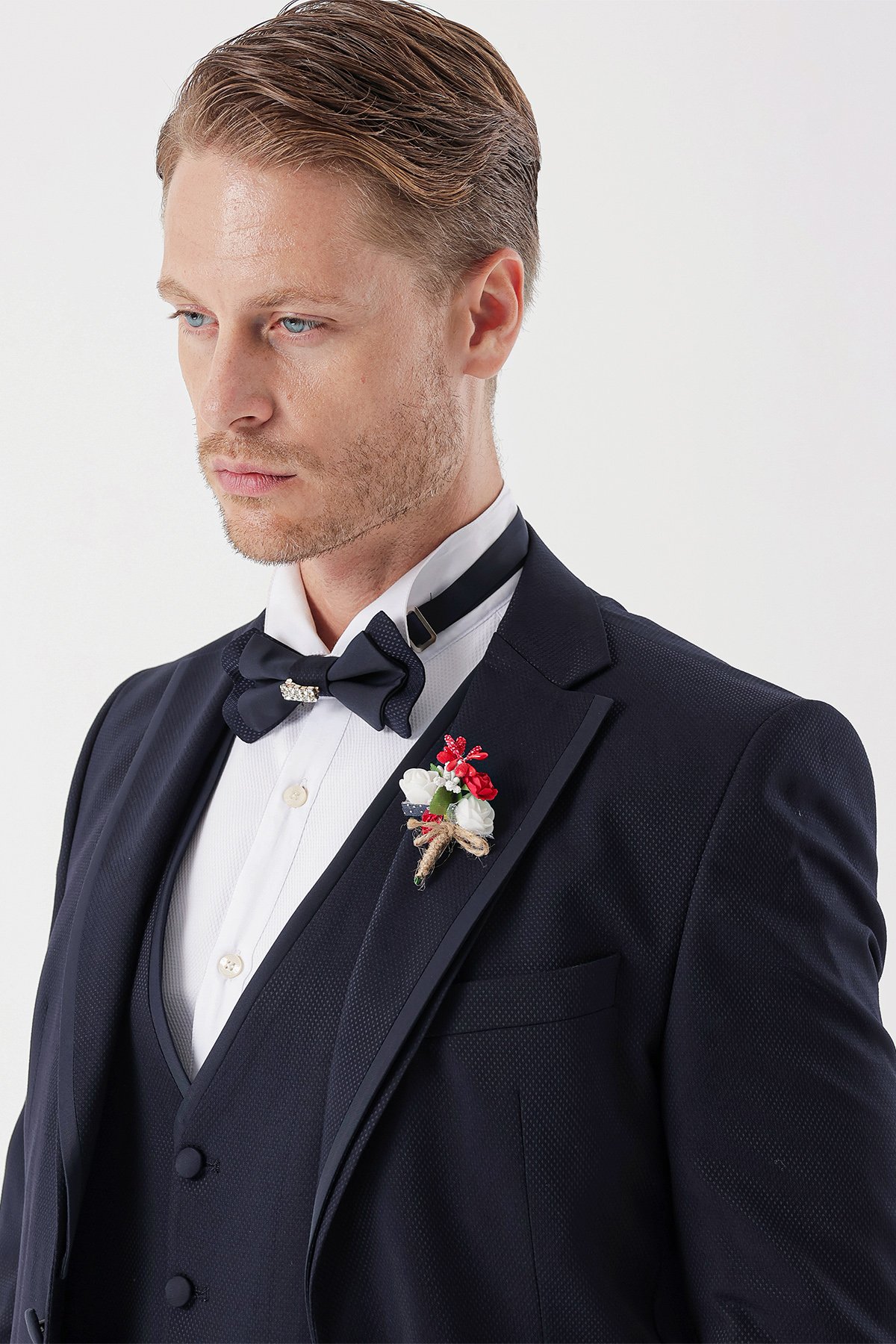 İMZA Koyu Lacivert Çıkarılabilir Mono Yaka Yelekli 6 Drop Slim Fit Smokin Damatlık Takım 1001230202 görsel 7
