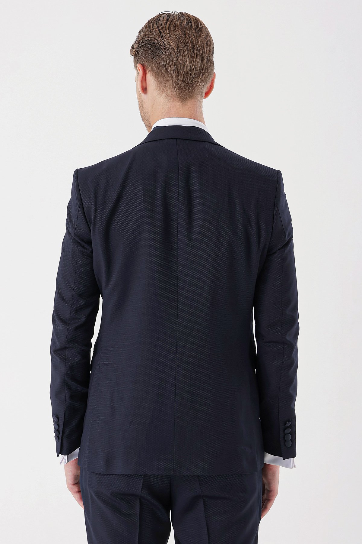 İMZA Koyu Lacivert Çıkarılabilir Mono Yaka Yelekli 6 Drop Slim Fit Smokin Damatlık Takım 1001230202 görsel 8