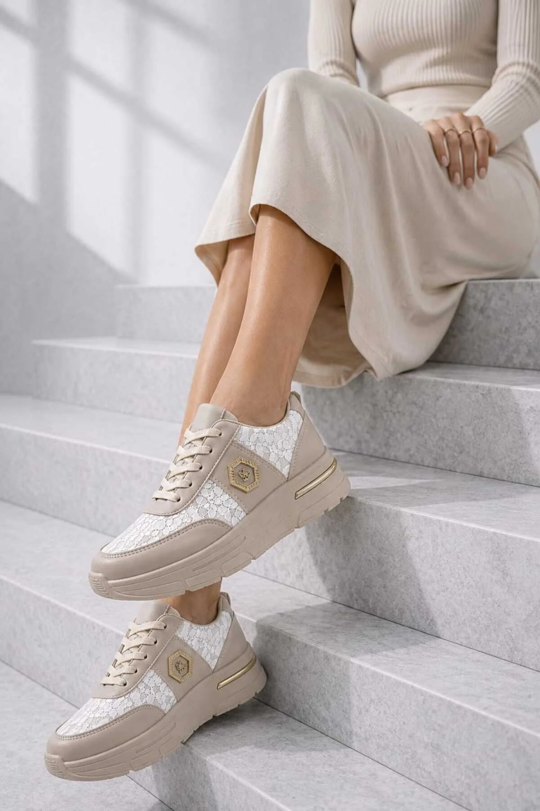 Slipcat Dantel Detaylı Trend 5 Cm Platform Yüksek Taban Kadın Sneaker Spor Ayakkabı