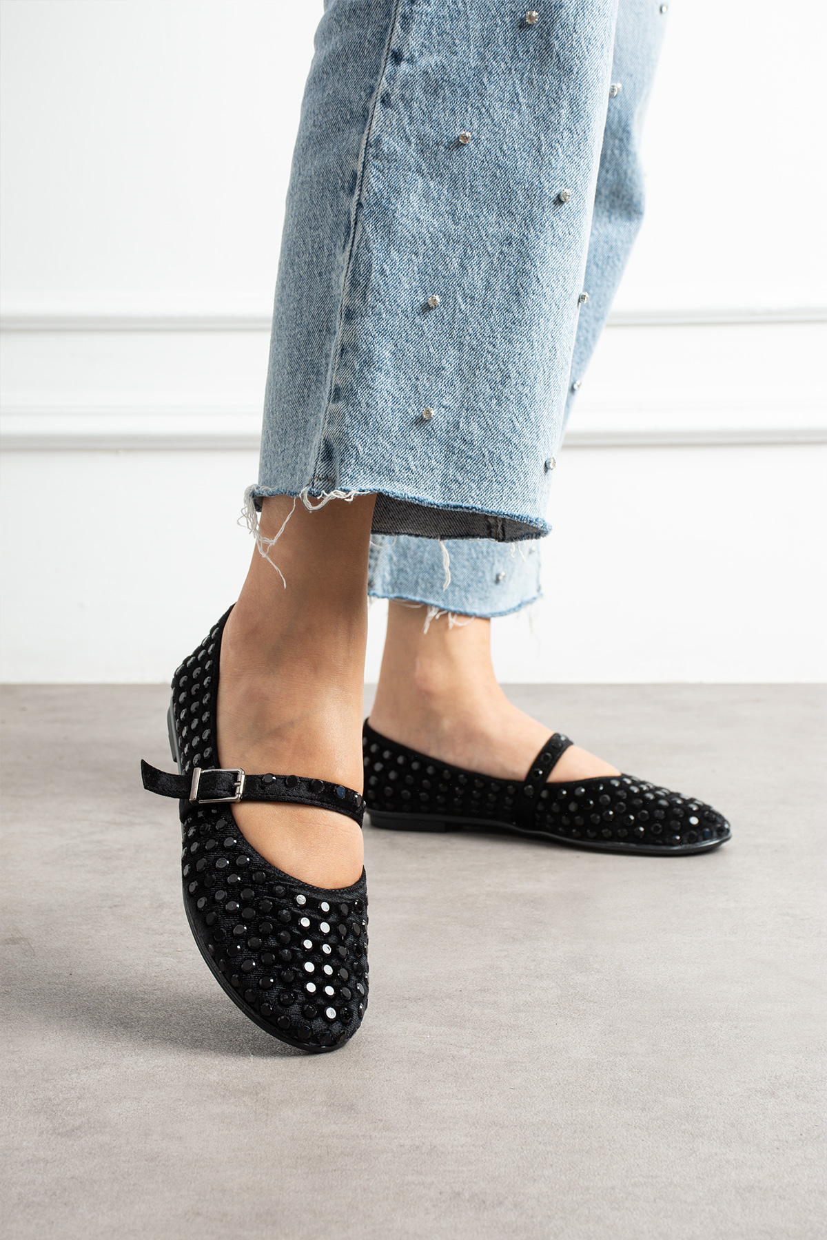 DUXAL SHOES Ruby Kadife Taş Detaylı Bilekten Bağlamalı Kadın Babet görsel 3