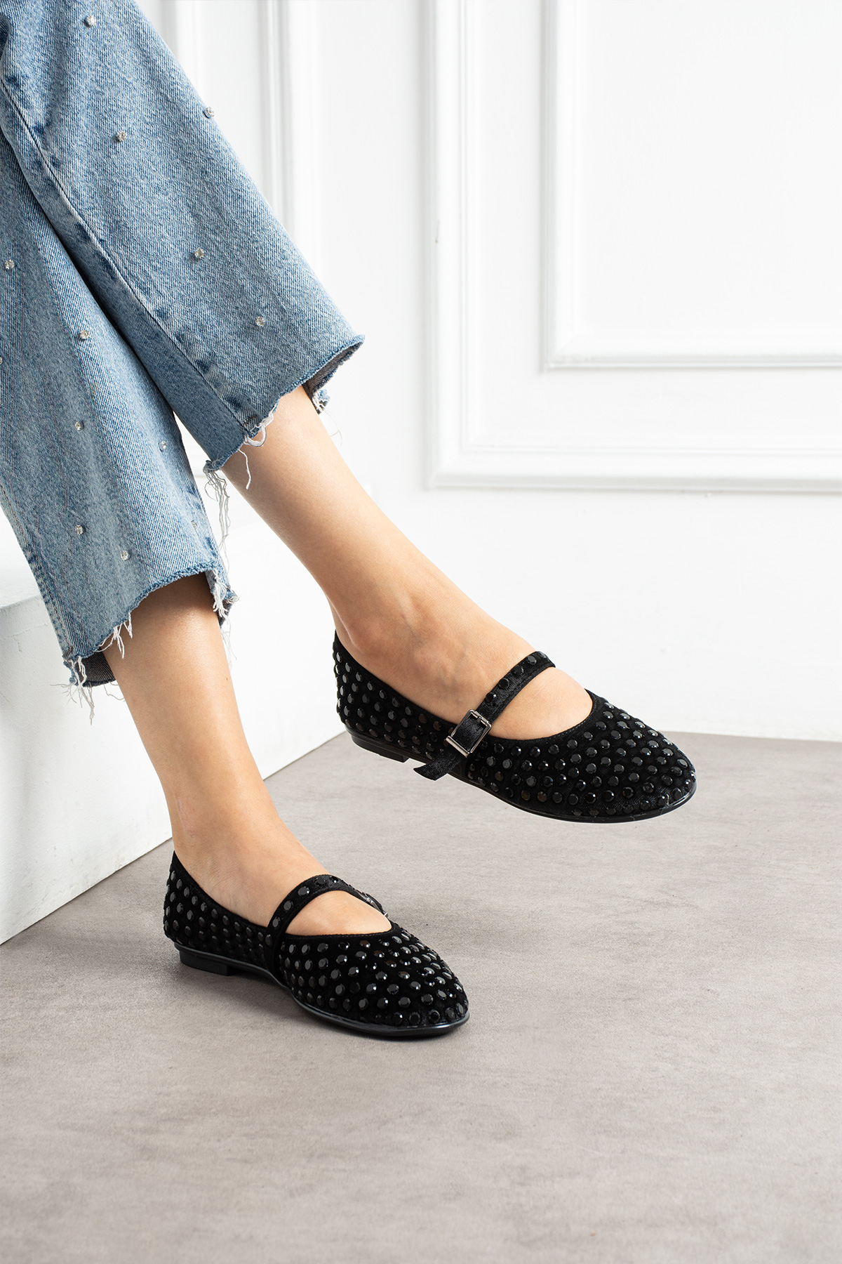DUXAL SHOES Ruby Kadife Taş Detaylı Bilekten Bağlamalı Kadın Babet görsel 7
