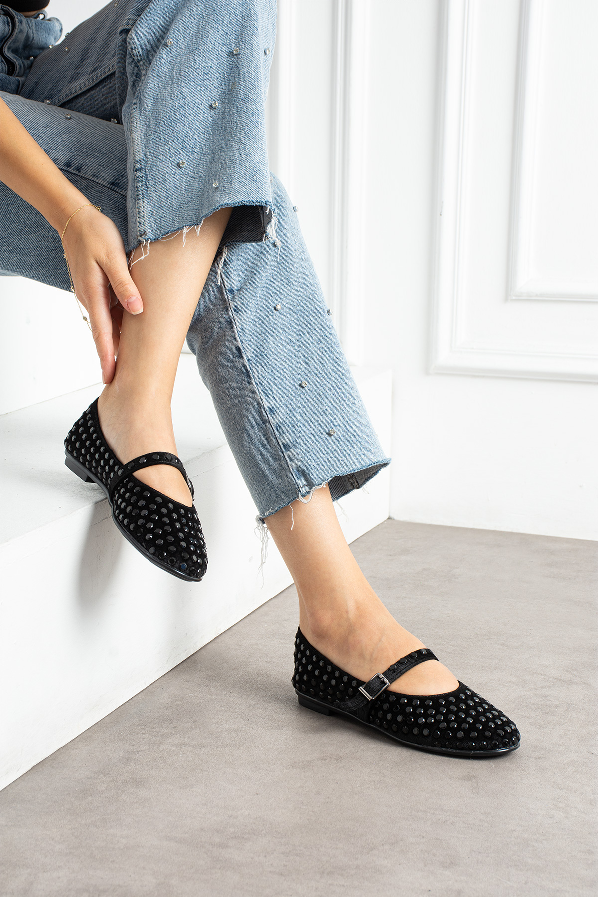 DUXAL SHOES Ruby Kadife Taş Detaylı Bilekten Bağlamalı Kadın Babet görsel 8