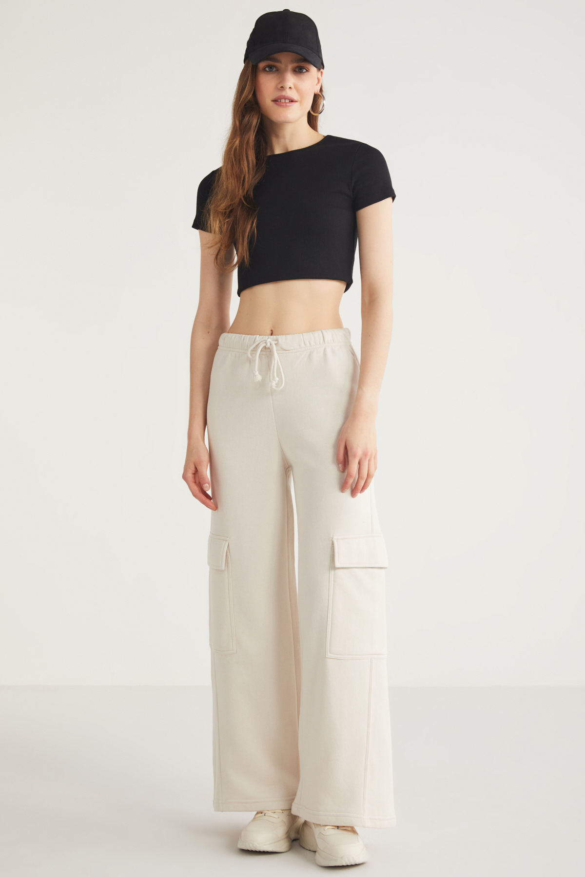 ETHIQUET PHOEBE Kadın 100% Pamuk Içi Polarsız Kargo Cepli Beli Lastikli BEJ Eşofman Altı görsel 6