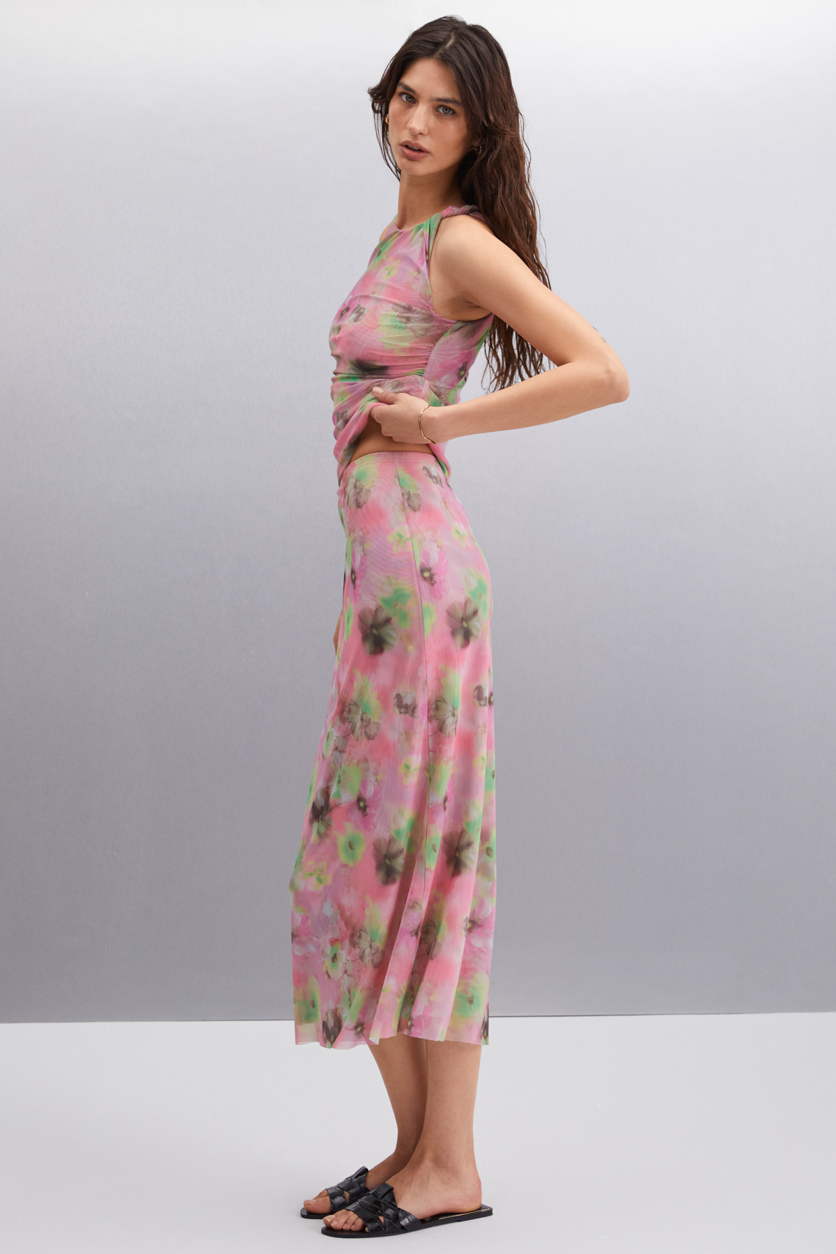ETHIQUET Jaxie Kadın Slim Fit Su Desenli Tül Astarlı PEMBE Etek