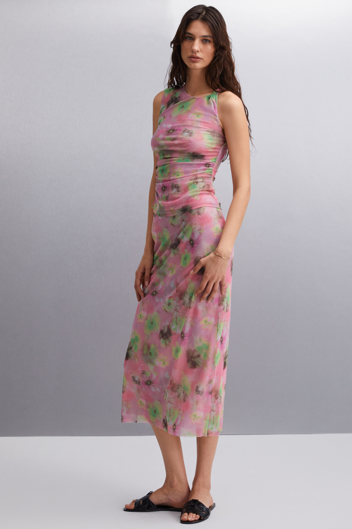 ETHIQUET Jaxie Kadın Slim Fit Su Desenli Tül Astarlı PEMBE Etek görsel 2