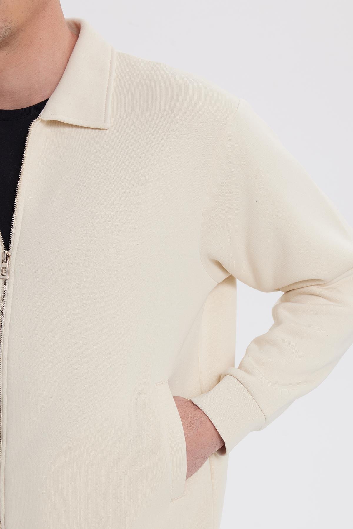 TUDORS Unisex Relax Fit Rahat Kesim Pamuklu İç Polarlı Fermuarlı Bej Polo Yaka Flato Cepli Sweatshirt Hırka görsel 3
