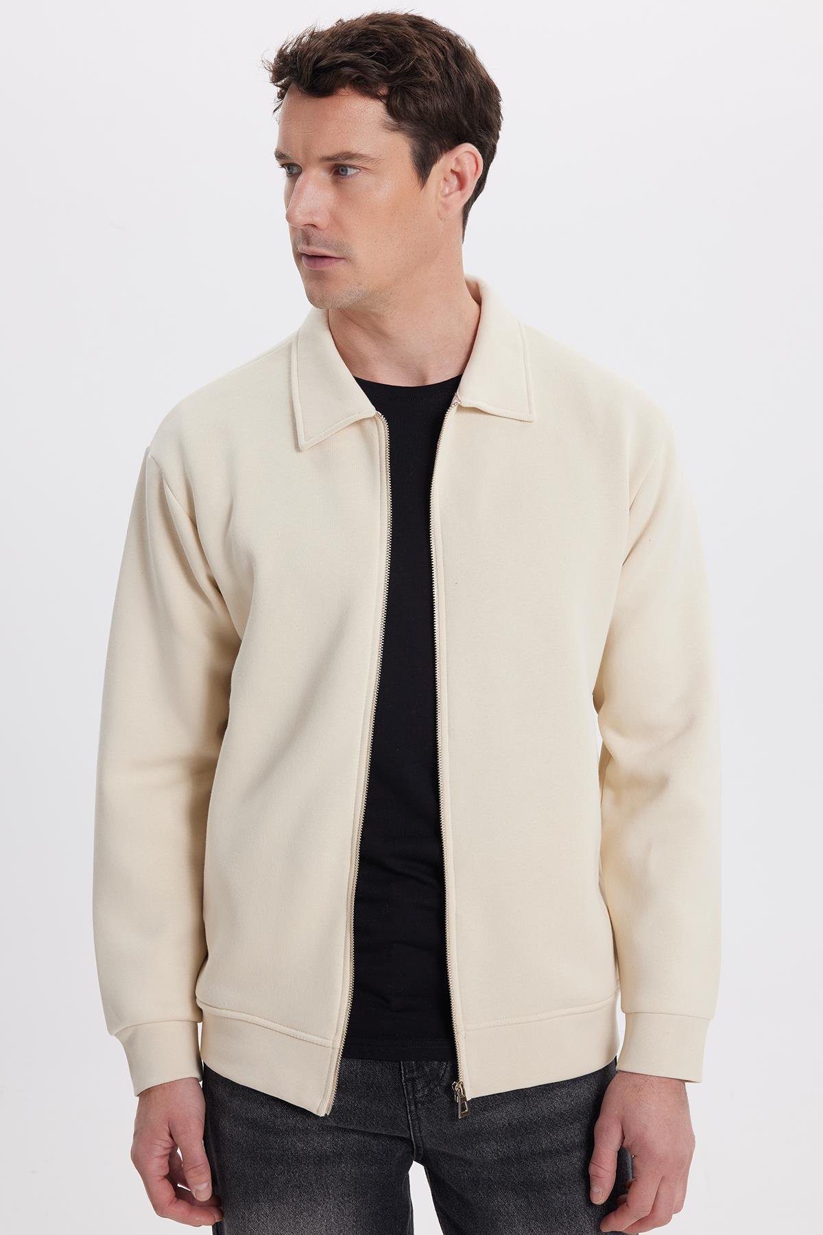 TUDORS Unisex Relax Fit Rahat Kesim Pamuklu İç Polarlı Fermuarlı Bej Polo Yaka Flato Cepli Sweatshirt Hırka görsel 5