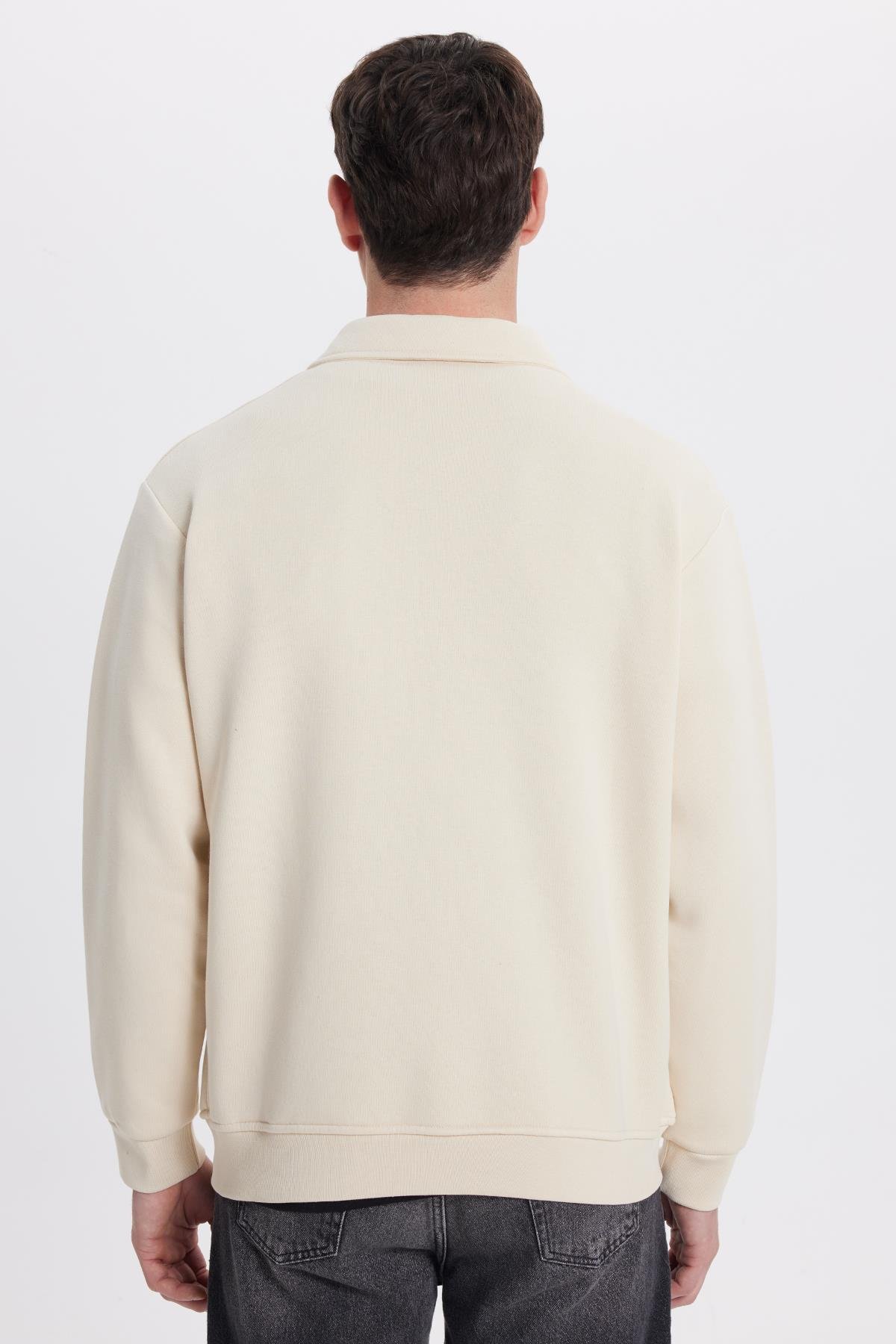 TUDORS Unisex Relax Fit Rahat Kesim Pamuklu İç Polarlı Fermuarlı Bej Polo Yaka Flato Cepli Sweatshirt Hırka görsel 7
