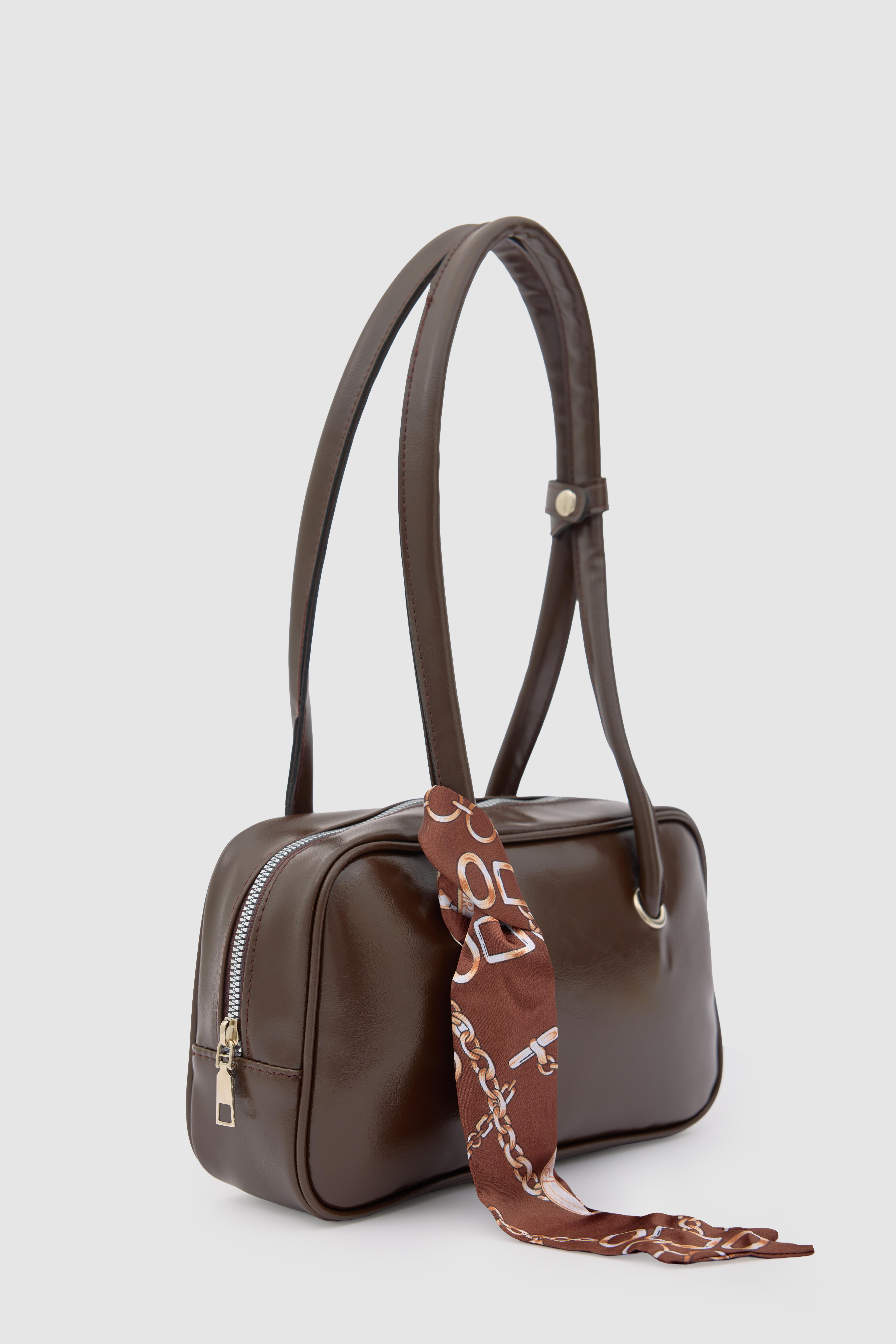 Shulebags Beau Fular Detaylı Baget Çanta Acı Kahve görsel 4