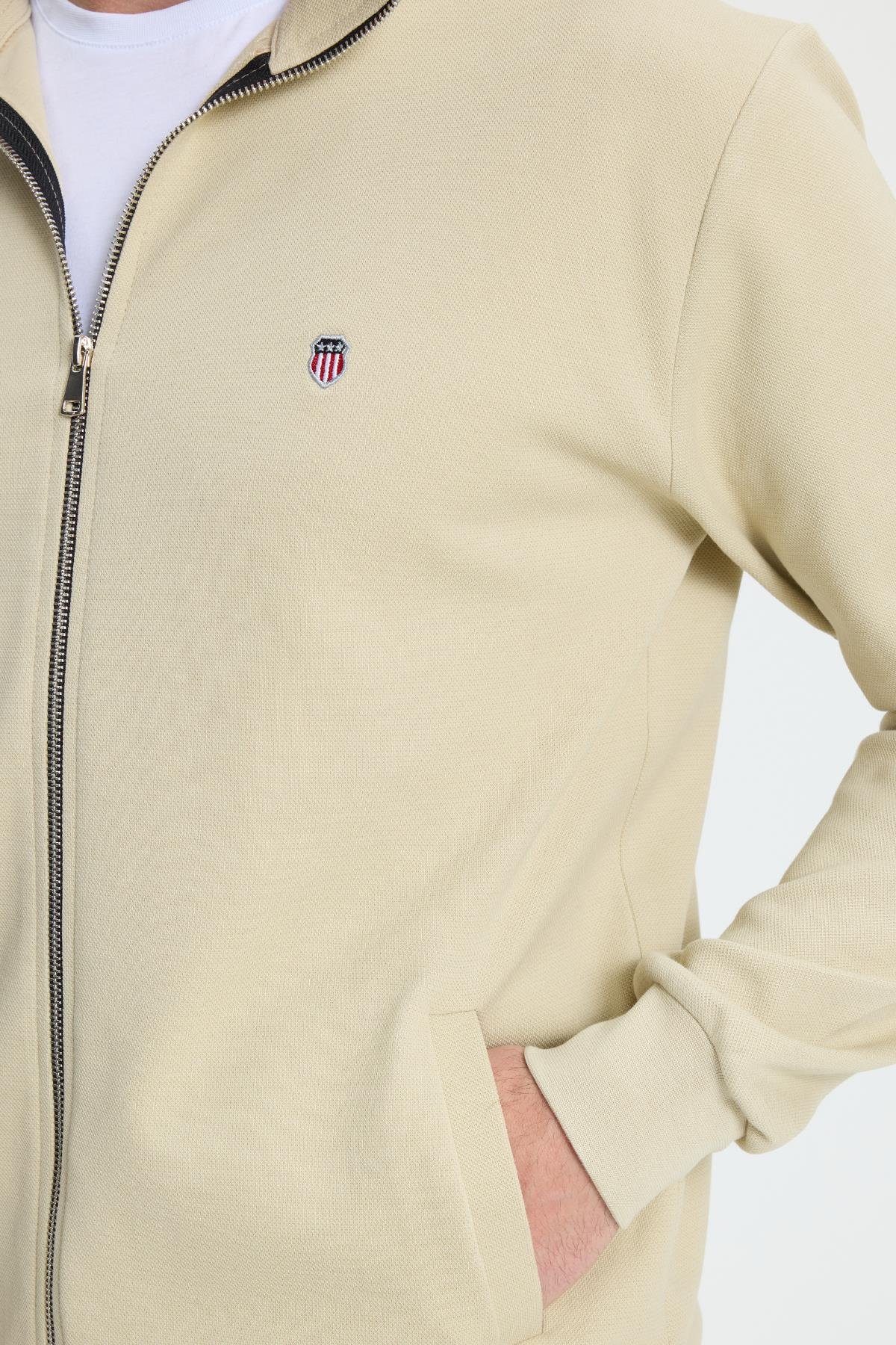 TUDORS Erkek Slim Fit Dar Kesim Pamuklu Tam Fermuarlı Çift Cepli Dik Yaka Krem Sweatshirt Hırka görsel 3