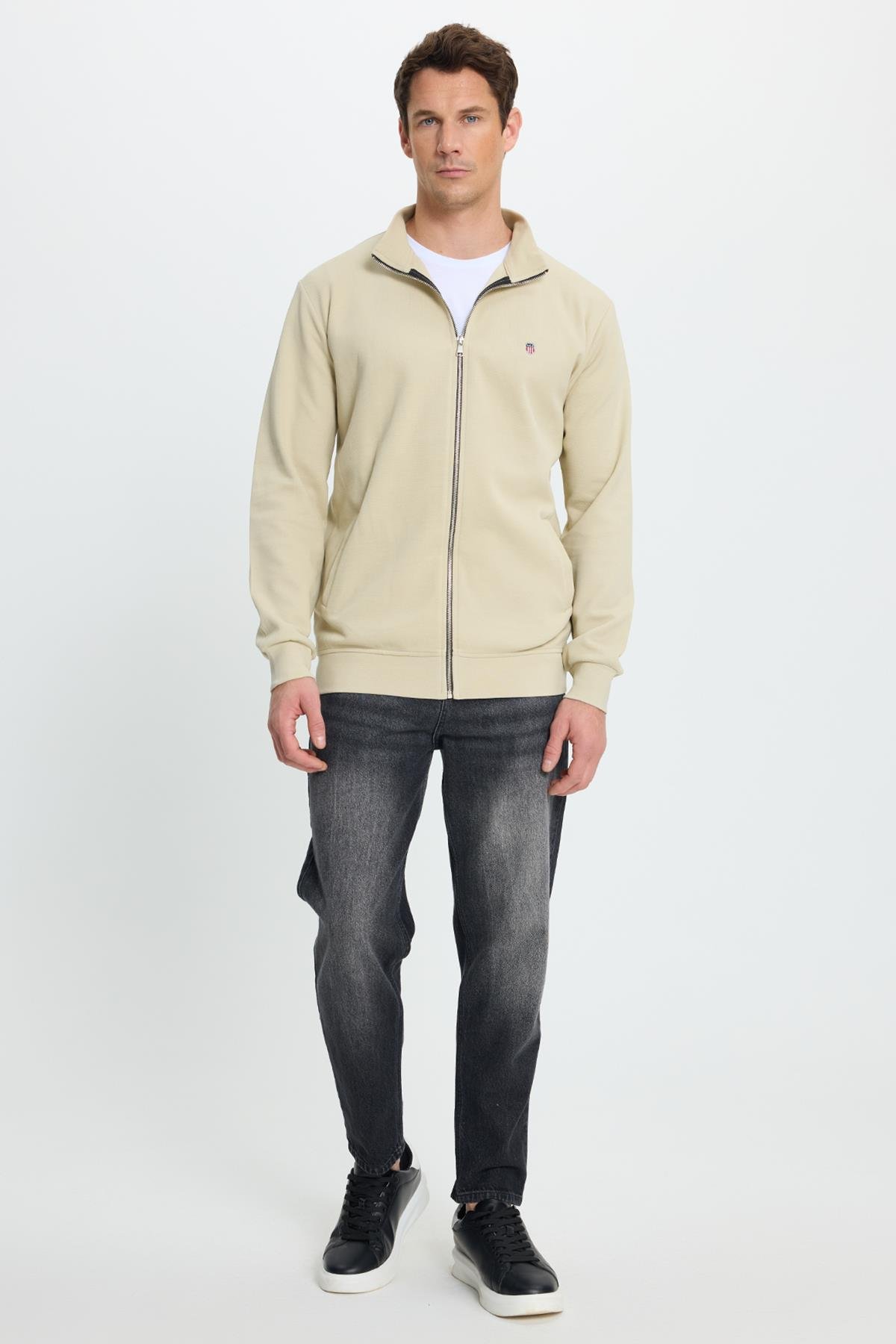 TUDORS Erkek Slim Fit Dar Kesim Pamuklu Tam Fermuarlı Çift Cepli Dik Yaka Krem Sweatshirt Hırka görsel 4