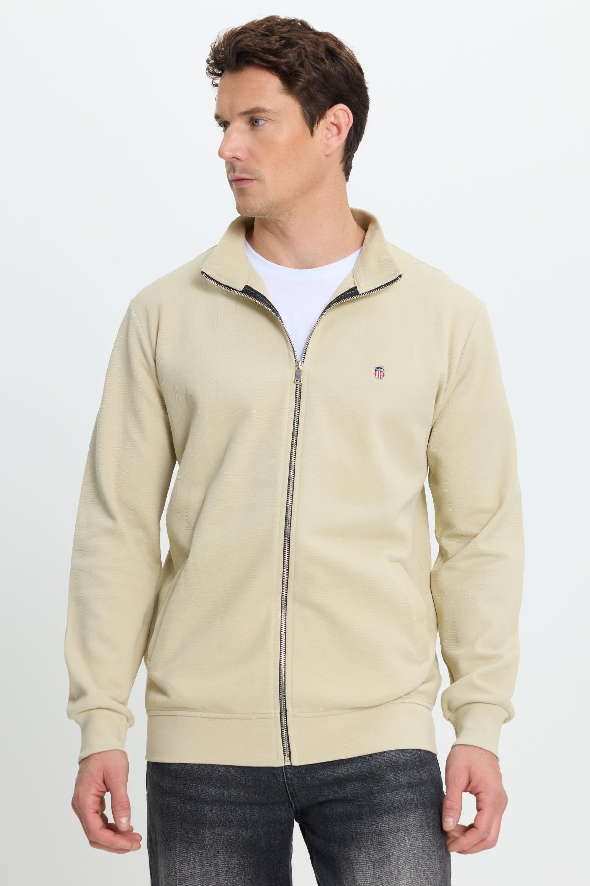 TUDORS Erkek Slim Fit Dar Kesim Pamuklu Tam Fermuarlı Çift Cepli Dik Yaka Krem Sweatshirt Hırka görsel 5
