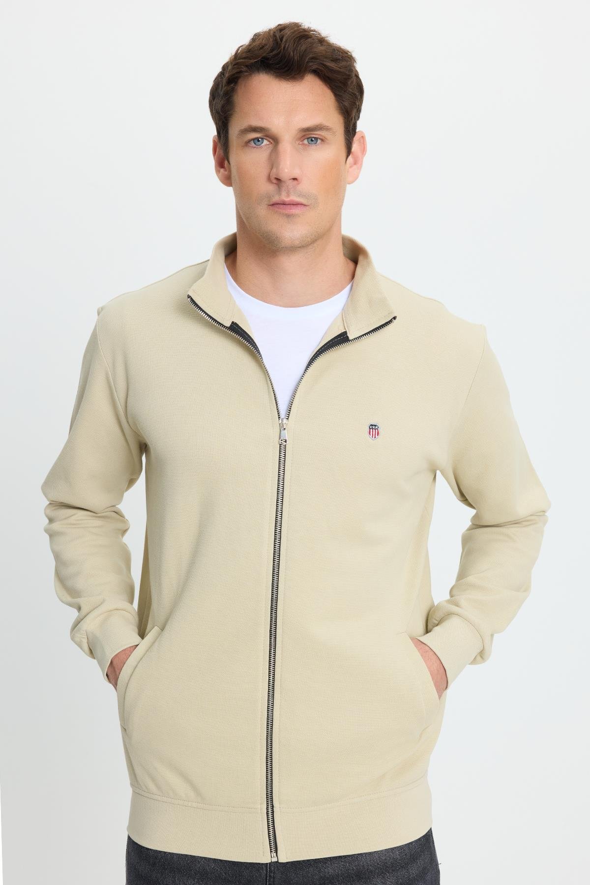 TUDORS Erkek Slim Fit Dar Kesim Pamuklu Tam Fermuarlı Çift Cepli Dik Yaka Krem Sweatshirt Hırka görsel 6