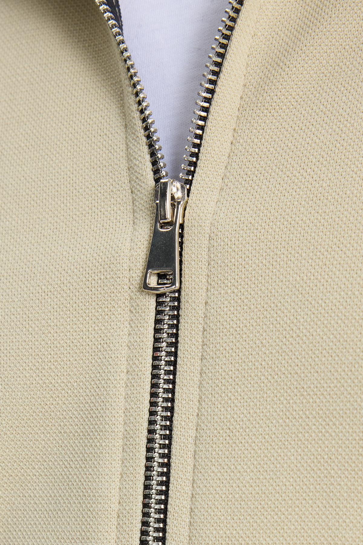 TUDORS Erkek Slim Fit Dar Kesim Pamuklu Tam Fermuarlı Çift Cepli Dik Yaka Krem Sweatshirt Hırka görsel 7