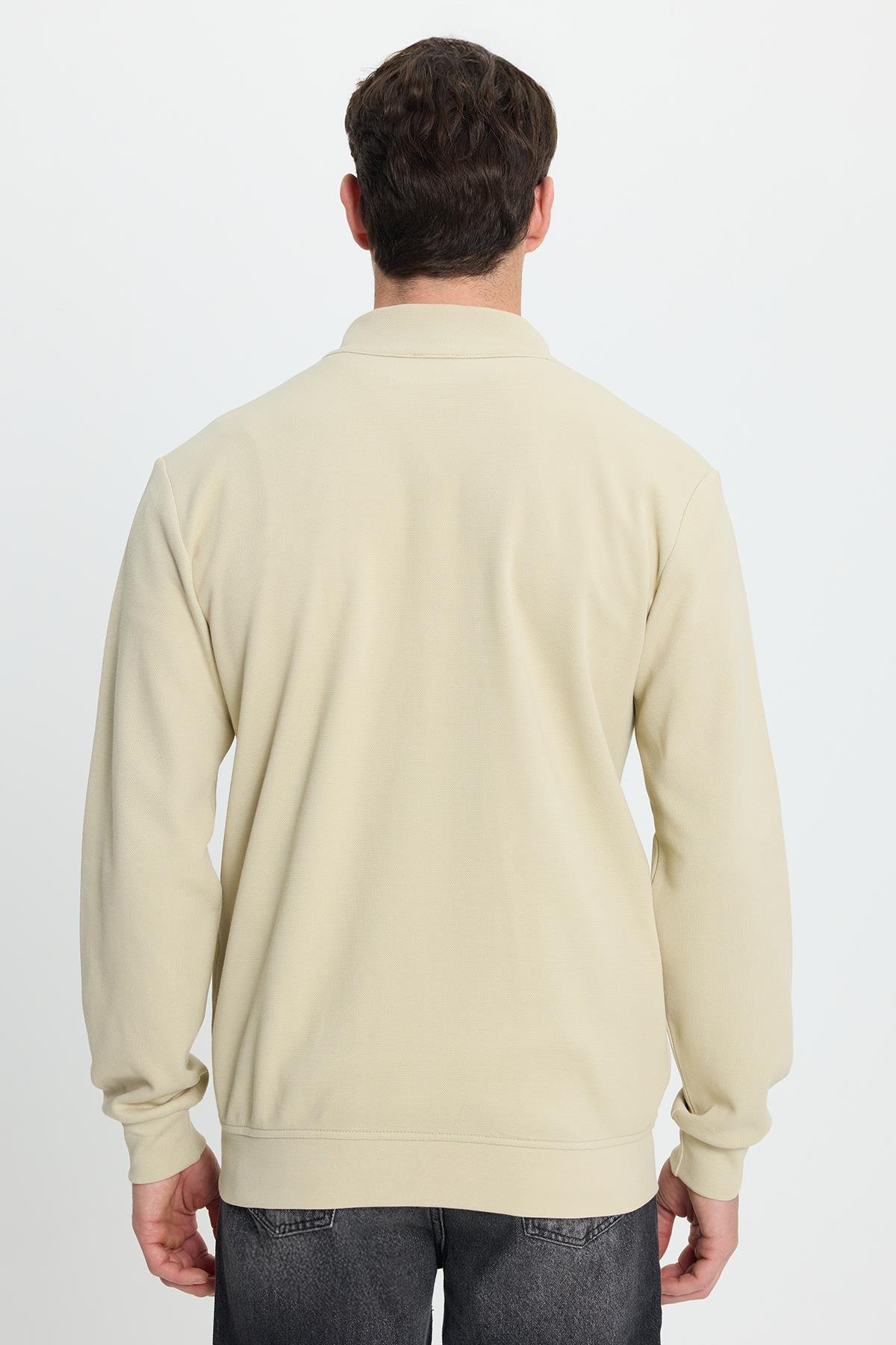 TUDORS Erkek Slim Fit Dar Kesim Pamuklu Tam Fermuarlı Çift Cepli Dik Yaka Krem Sweatshirt Hırka görsel 8