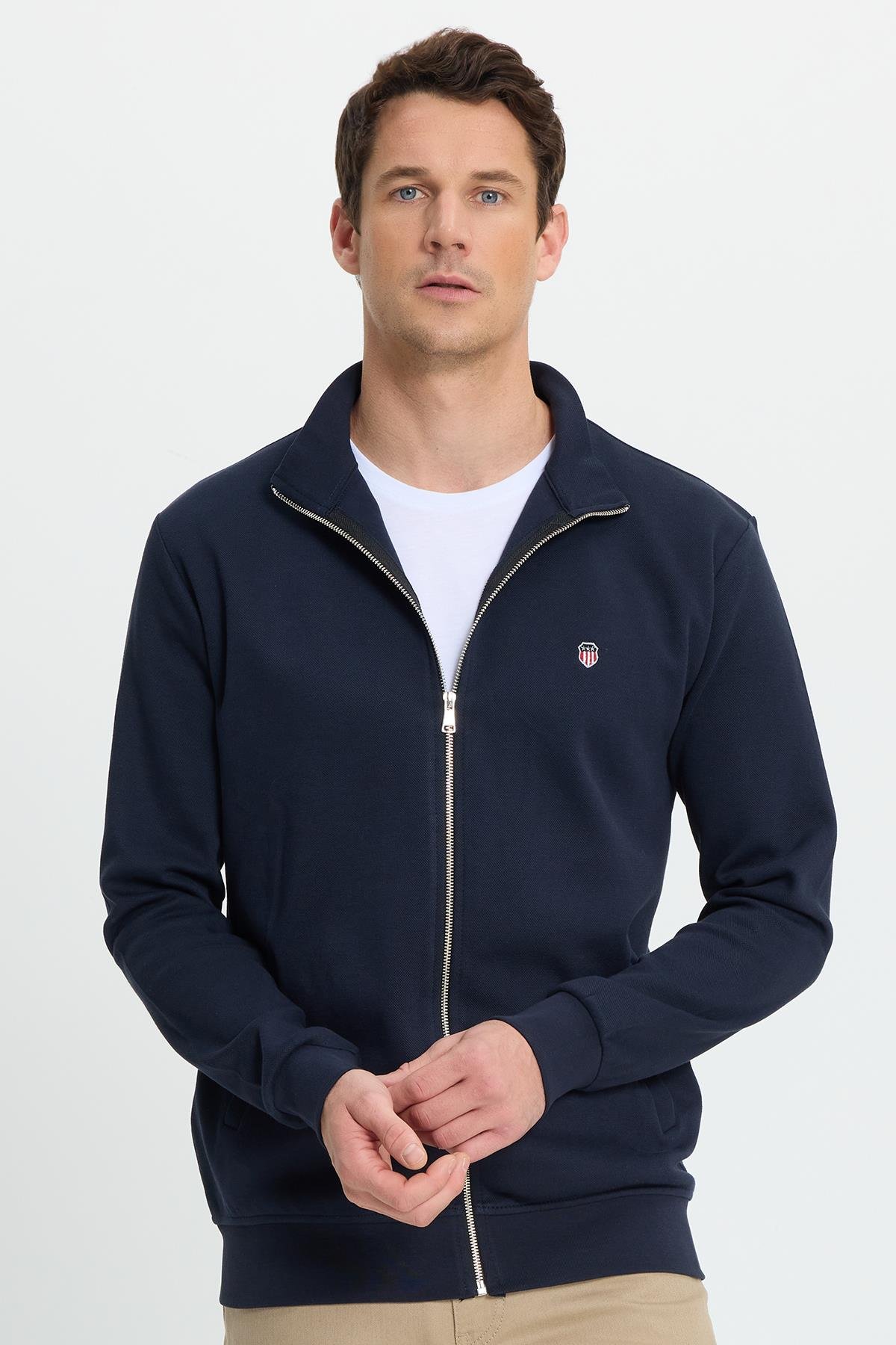 TUDORS Erkek Slim Fit Dar Kesim Pamuklu Tam Fermuarlı Çift Cepli Dik Yaka Lacivert Sweatshirt Hırka