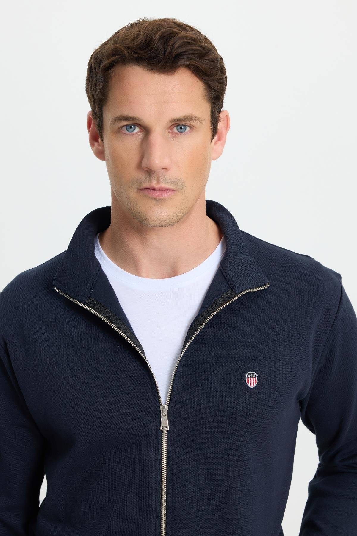TUDORS Erkek Slim Fit Dar Kesim Pamuklu Tam Fermuarlı Çift Cepli Dik Yaka Lacivert Sweatshirt Hırka görsel 2