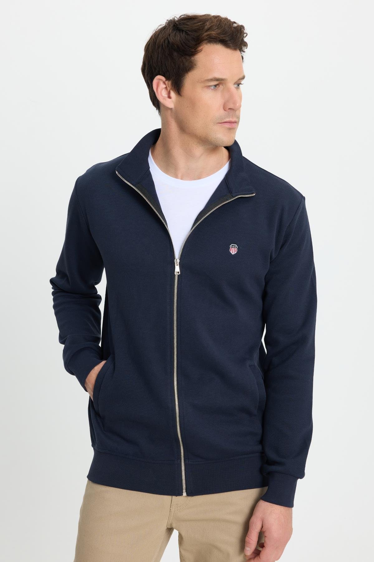 TUDORS Erkek Slim Fit Dar Kesim Pamuklu Tam Fermuarlı Çift Cepli Dik Yaka Lacivert Sweatshirt Hırka görsel 5