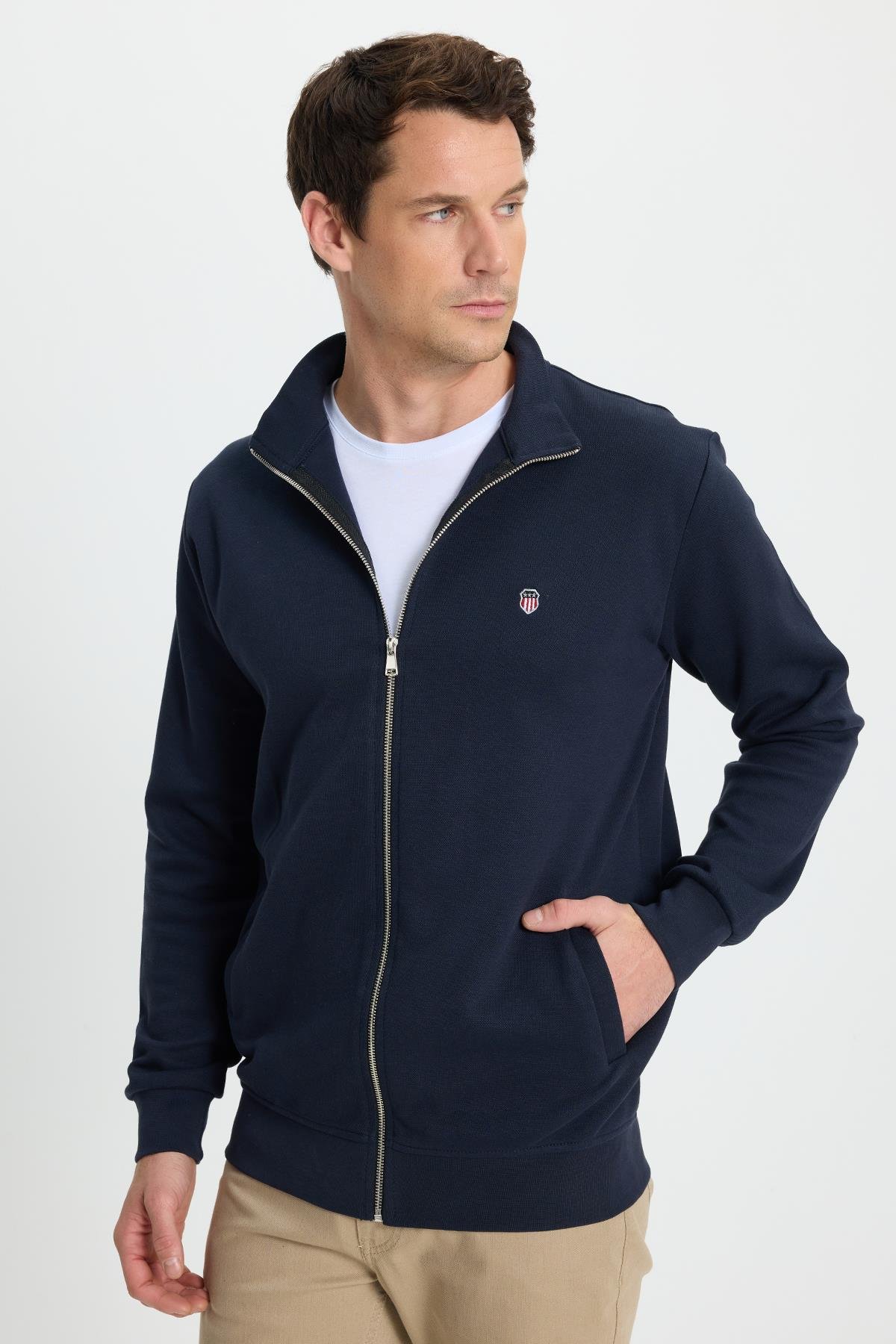 TUDORS Erkek Slim Fit Dar Kesim Pamuklu Tam Fermuarlı Çift Cepli Dik Yaka Lacivert Sweatshirt Hırka görsel 6