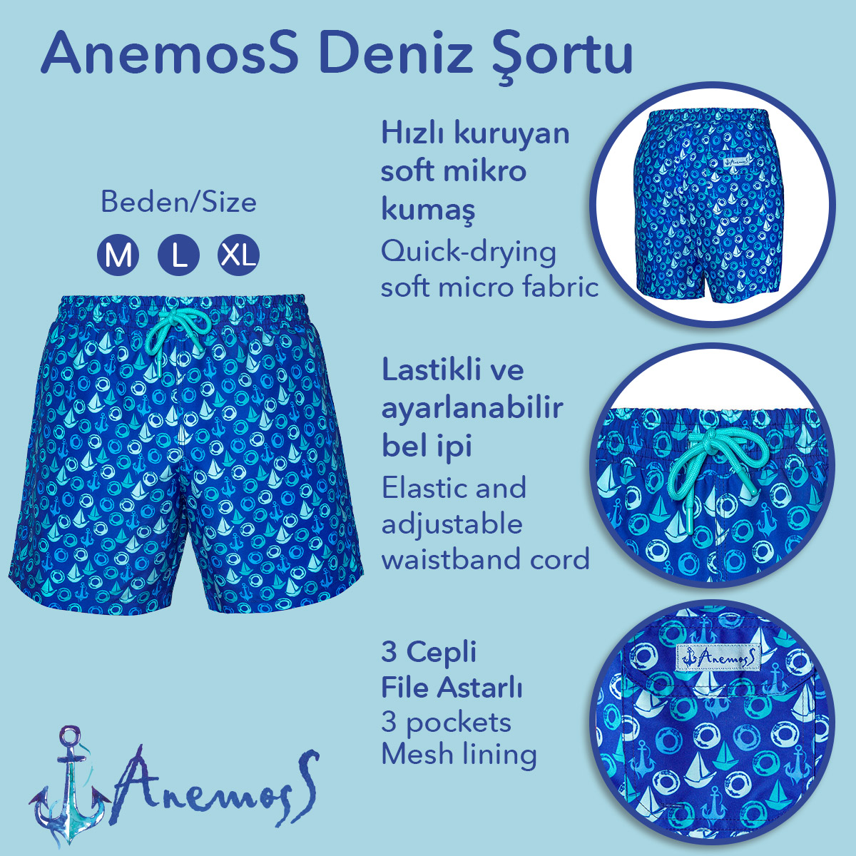 Anemoss Yelken Üç Cepli İçi Fileli Bel Lastik ve Bağlama İpli Erkek Deniz Şortu görsel 7