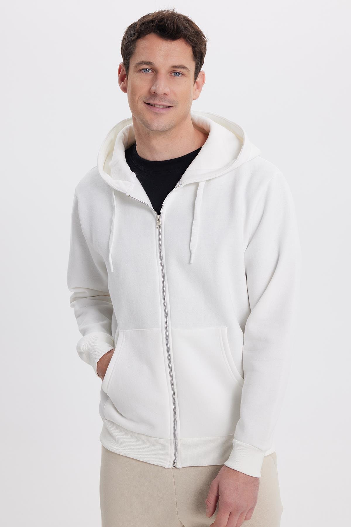 TUDORS Unisex Relax Fit Rahat Kesim Pamuklu İçi Polarlı Çift Cepli Tam Fermuarlı Beyaz Kapüşonlu Sweatshirt