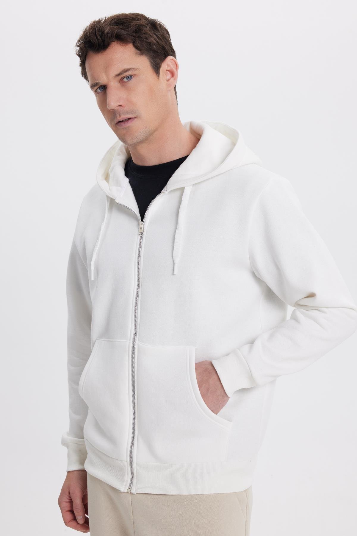 TUDORS Unisex Relax Fit Rahat Kesim Pamuklu İçi Polarlı Çift Cepli Tam Fermuarlı Beyaz Kapüşonlu Sweatshirt görsel 2